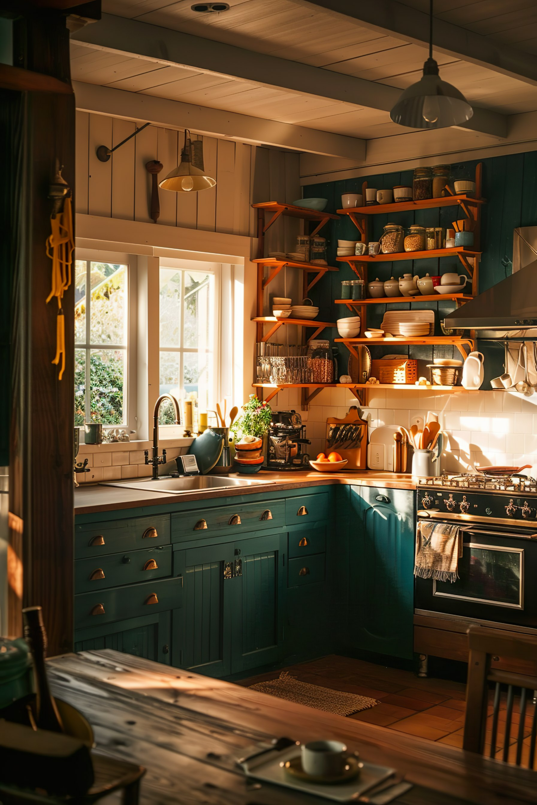 A cozy kitchen interior with sunlight streaming in, showcasing open shelves, teal cabinetry, a stove, and various kitchenware.