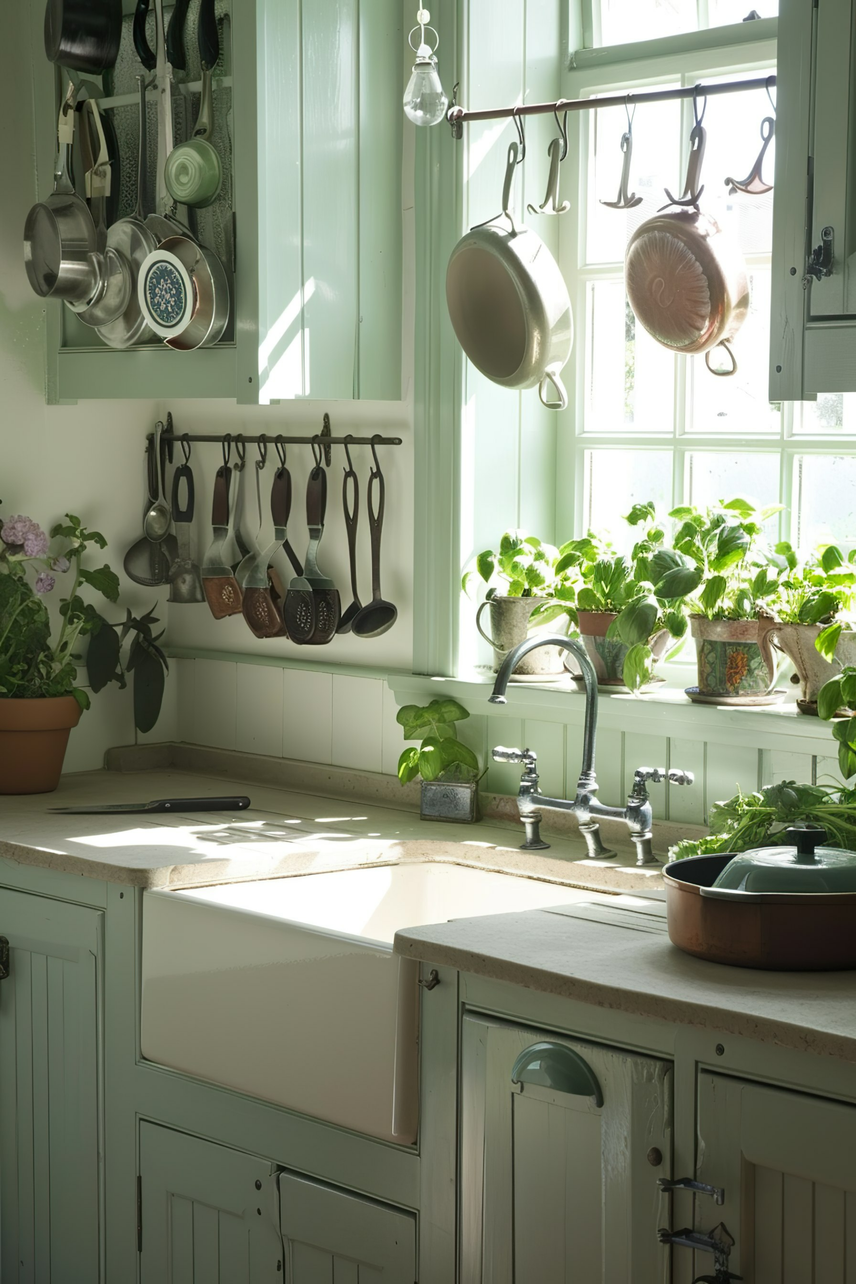 A bright, cozy kitchen corner with sunlight streaming in, pots hanging above the sink, and herbs on the windowsill.