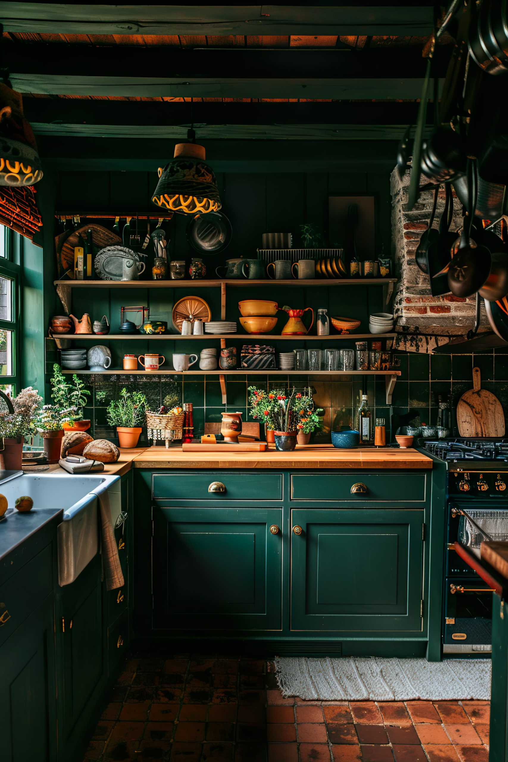 ALT: A cozy vintage kitchen with dark green cabinets, terracotta floor tiles, and shelves filled with pots, plants, and utensils.