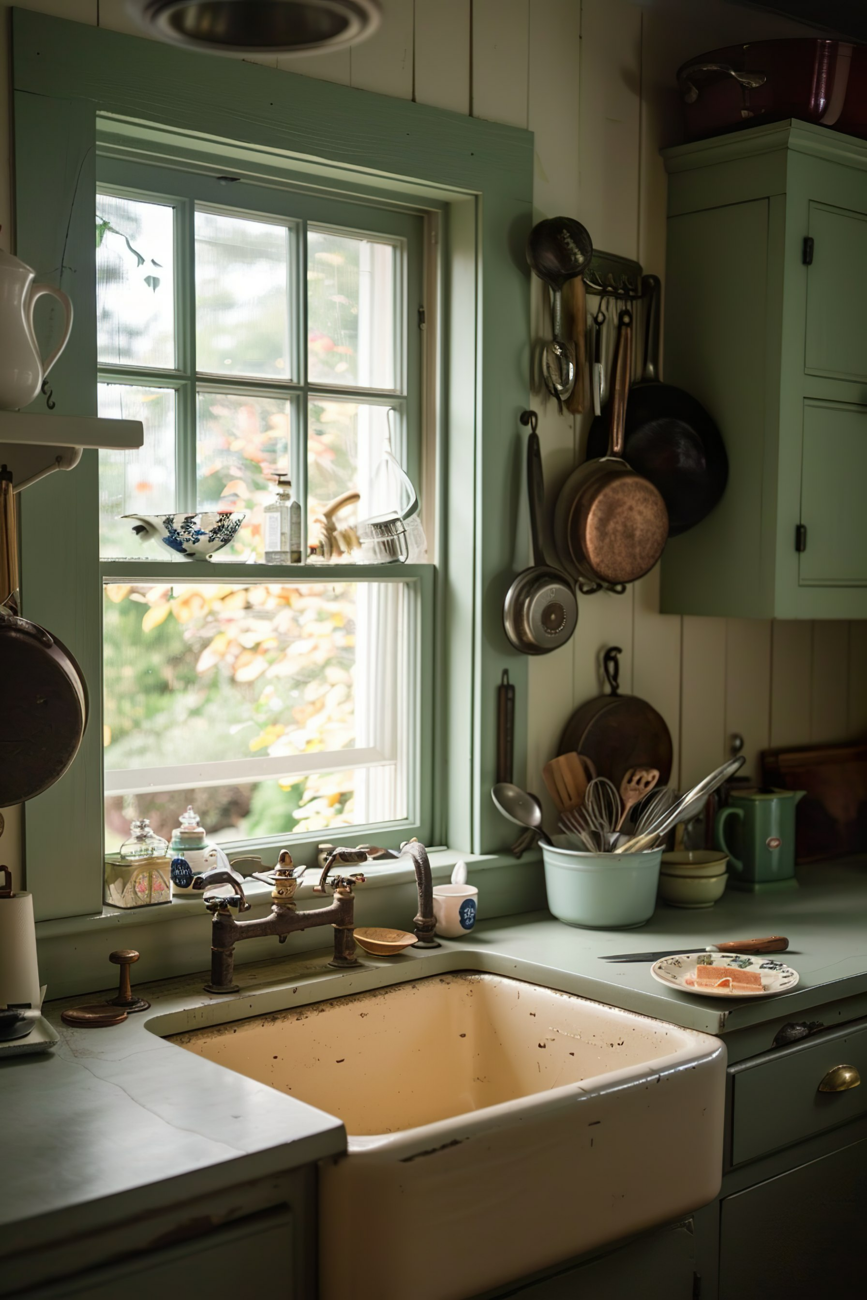 A cozy kitchen corner with a vintage sink, hanging pots and pans, utensils, and a window overlooking greenery.