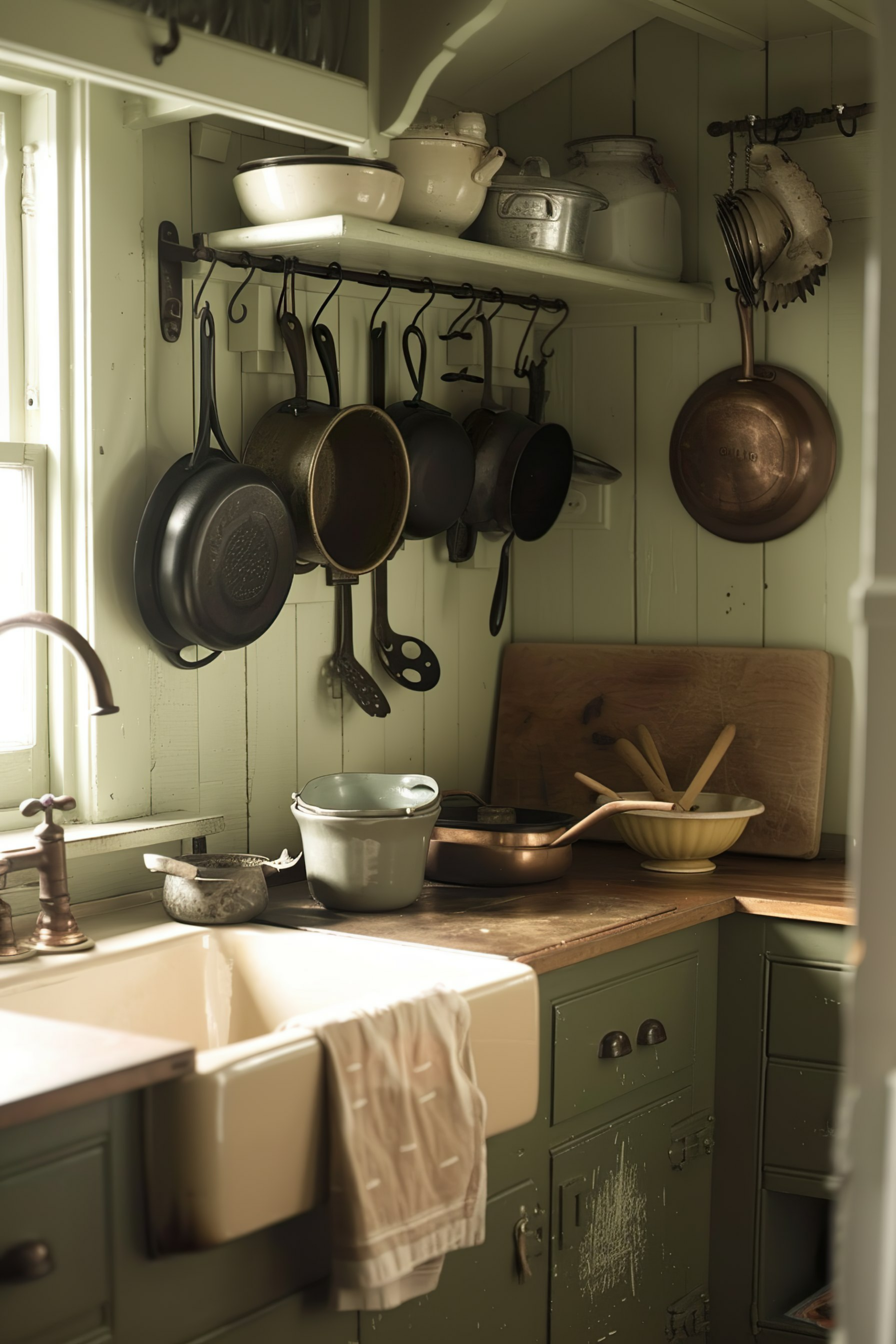 A cozy vintage kitchen with hanging pots and pans, ceramic bowls on a shelf, and a large wooden cutting board on the countertop.