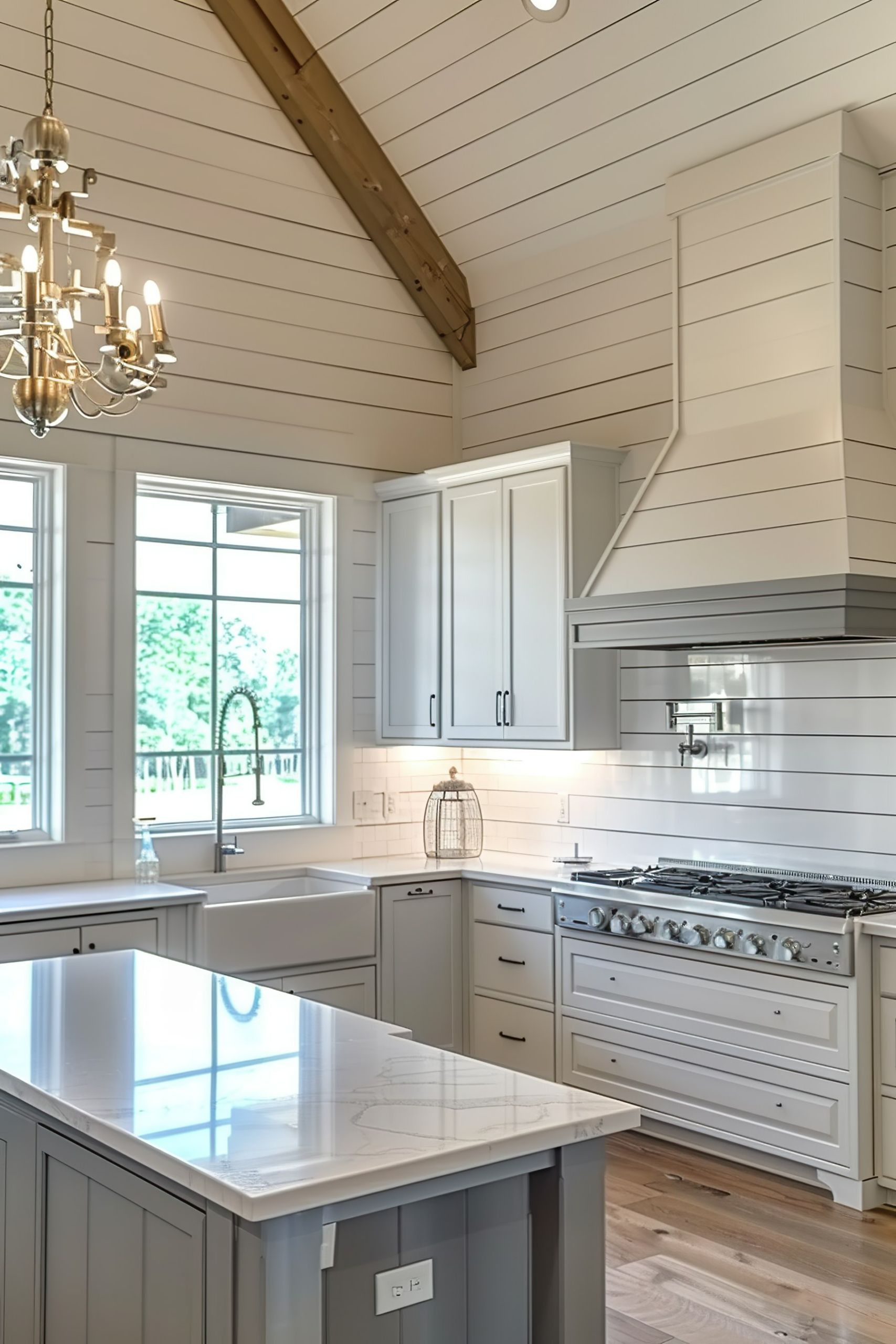 Modern farmhouse kitchen with white cabinetry, a chandelier, and a window looking out to greenery.