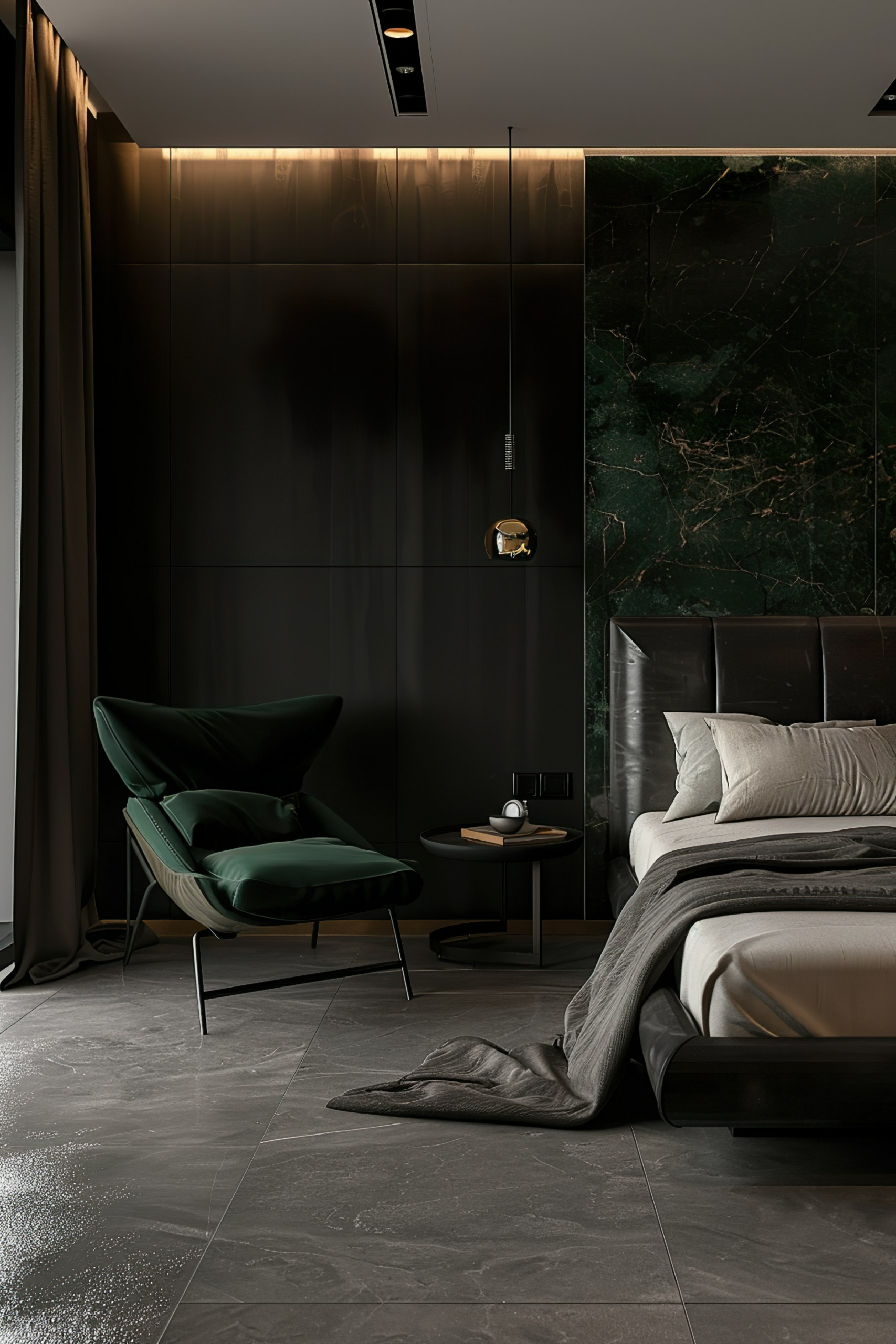 ALT: Modern bedroom interior with a dark green chair, sleek black wardrobe, and a bed with grey bedding against a green marble wall.