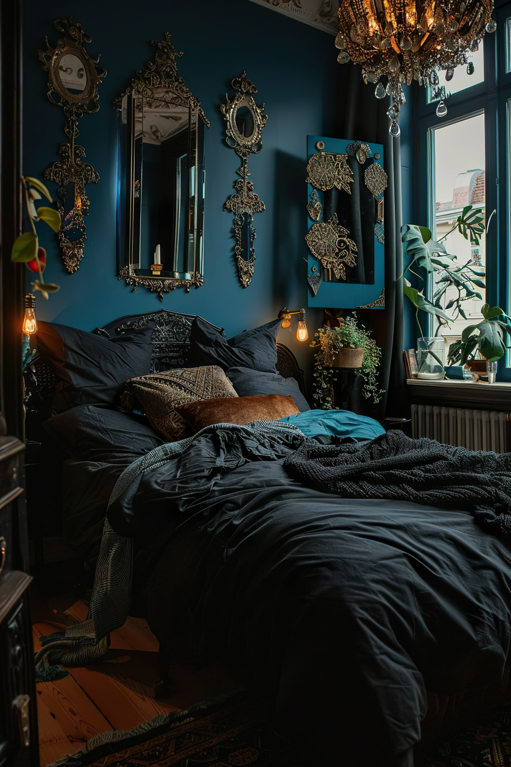 ALT: A cozy, dark-hued bedroom with an ornate bed, eclectic mirrors on the wall, a chandelier, and plants by a window, creating a bohemian ambiance.