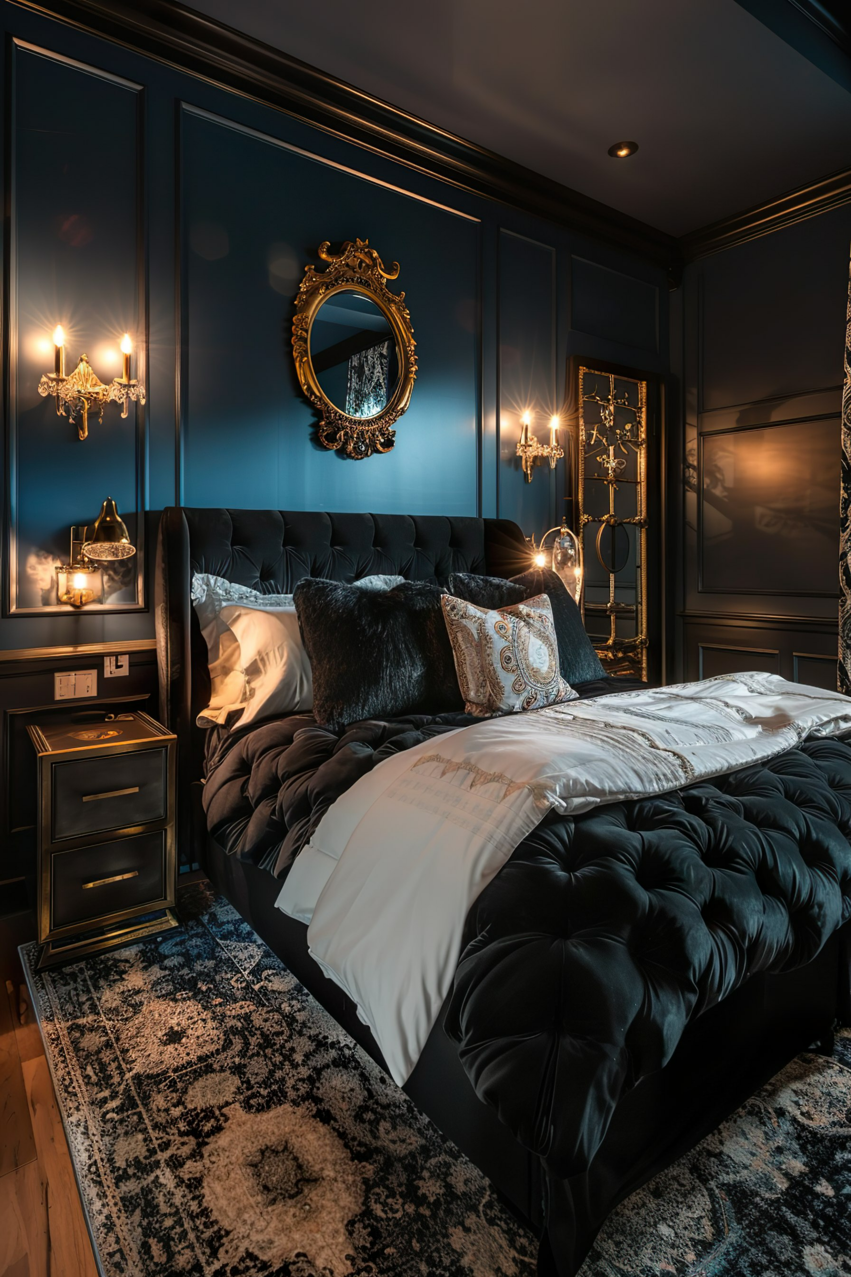 ALT Text: "Luxurious bedroom with blue walls, ornate gold mirror, elegant sconces, and a dark tufted bed with plush pillows and bedding."