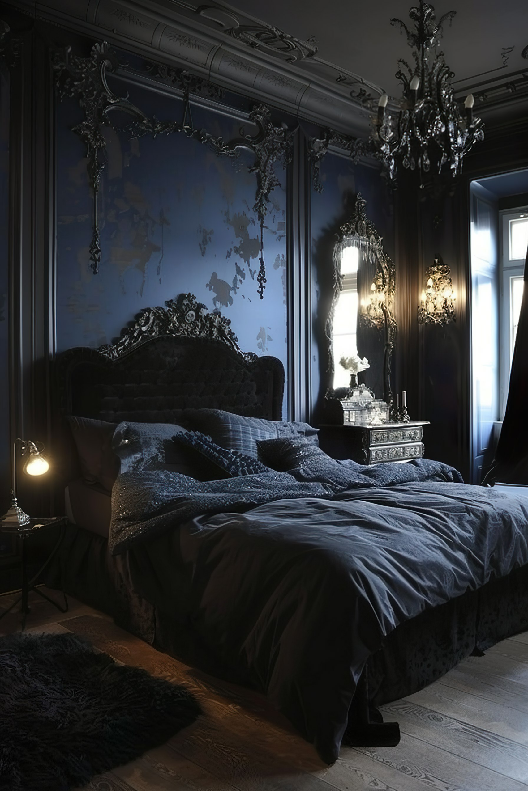 Luxurious dark-themed bedroom with ornate silver headboard, elegant chandelier, patterned wallpaper, and plush bedding.