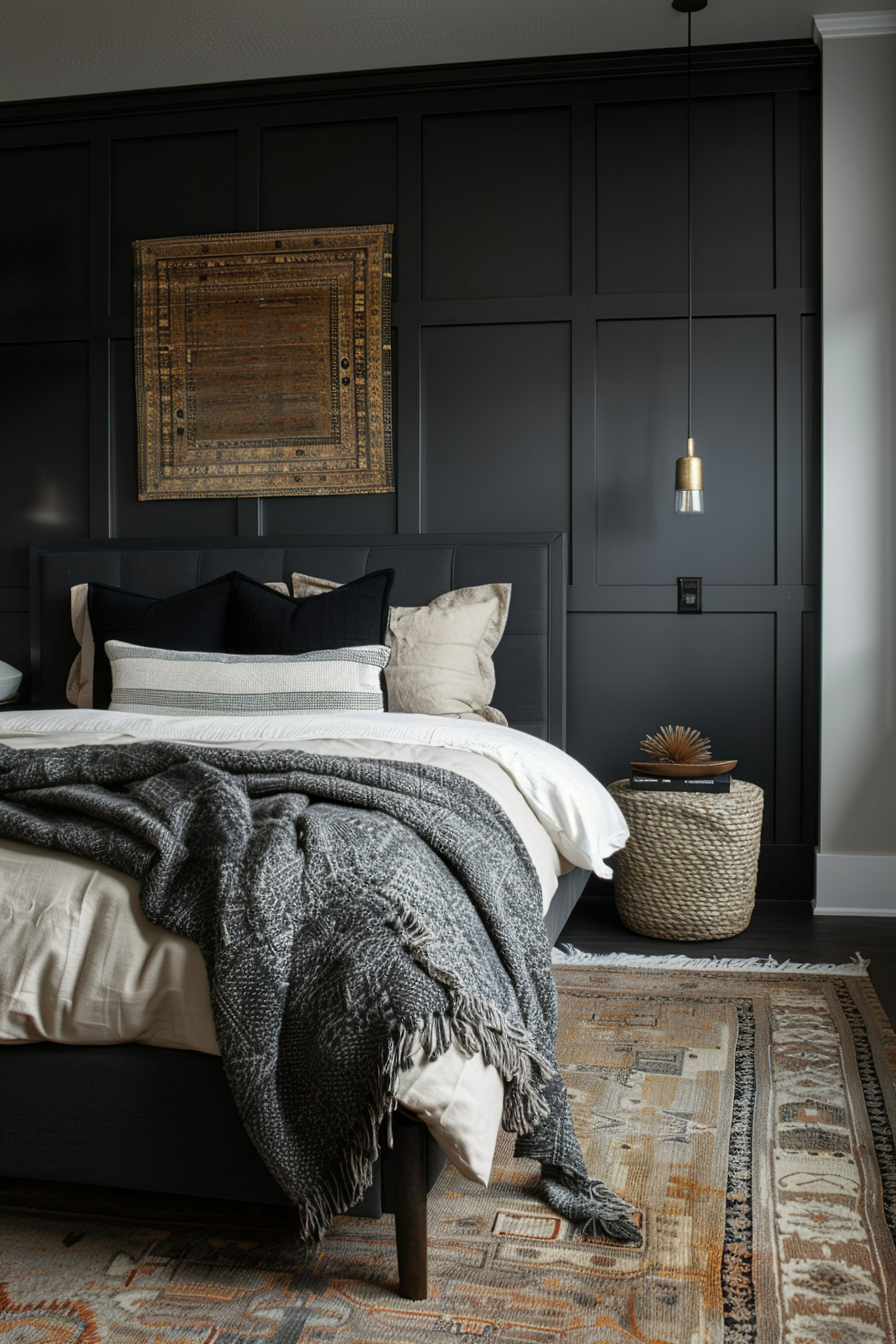 Elegant bedroom with a dark paneled wall, framed textile art, brass pendant light, and a layered bedding with a chunky gray throw.