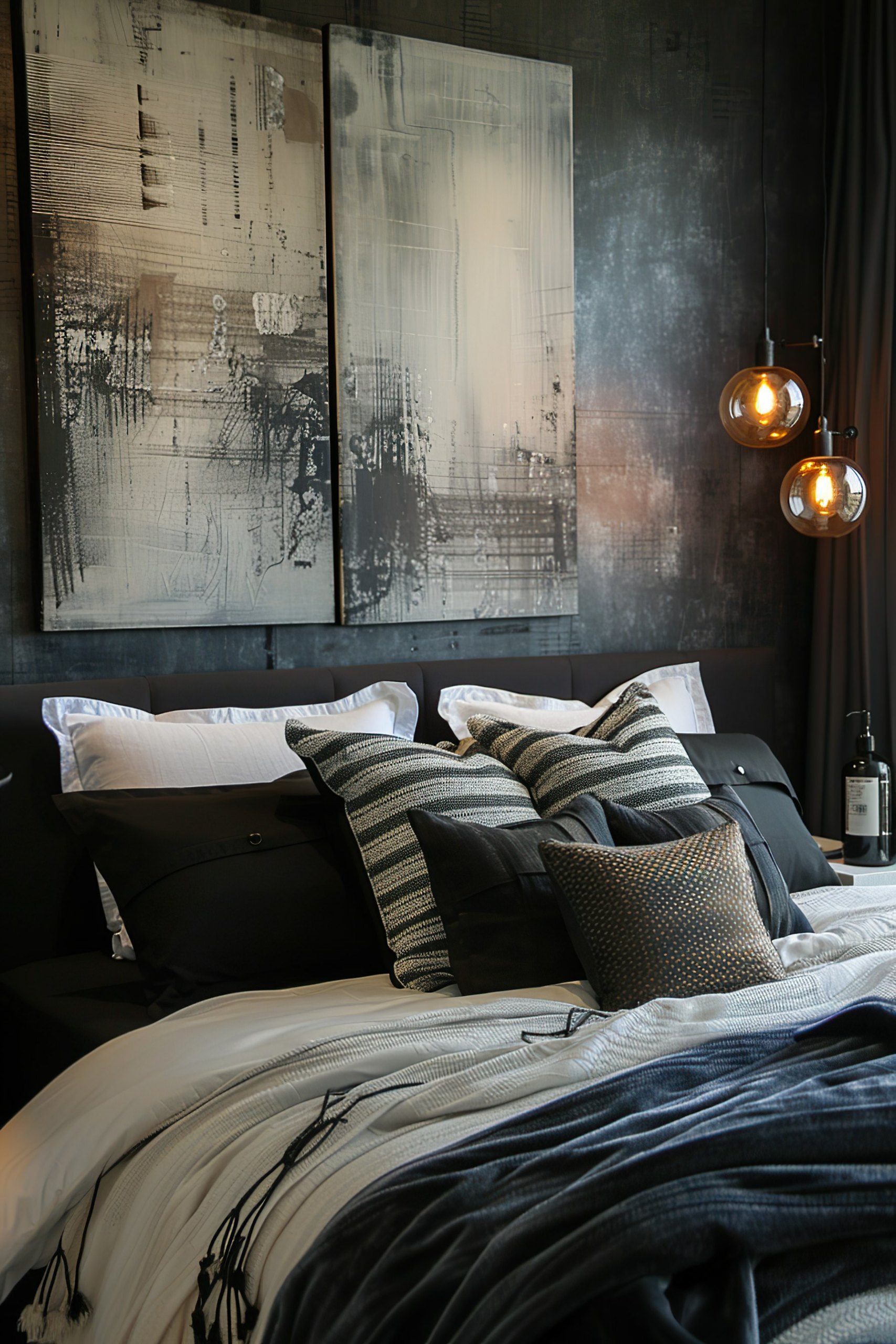 Modern bedroom with a neatly made bed, dark headboard, abstract art pieces on the wall, and two glowing pendant lights.