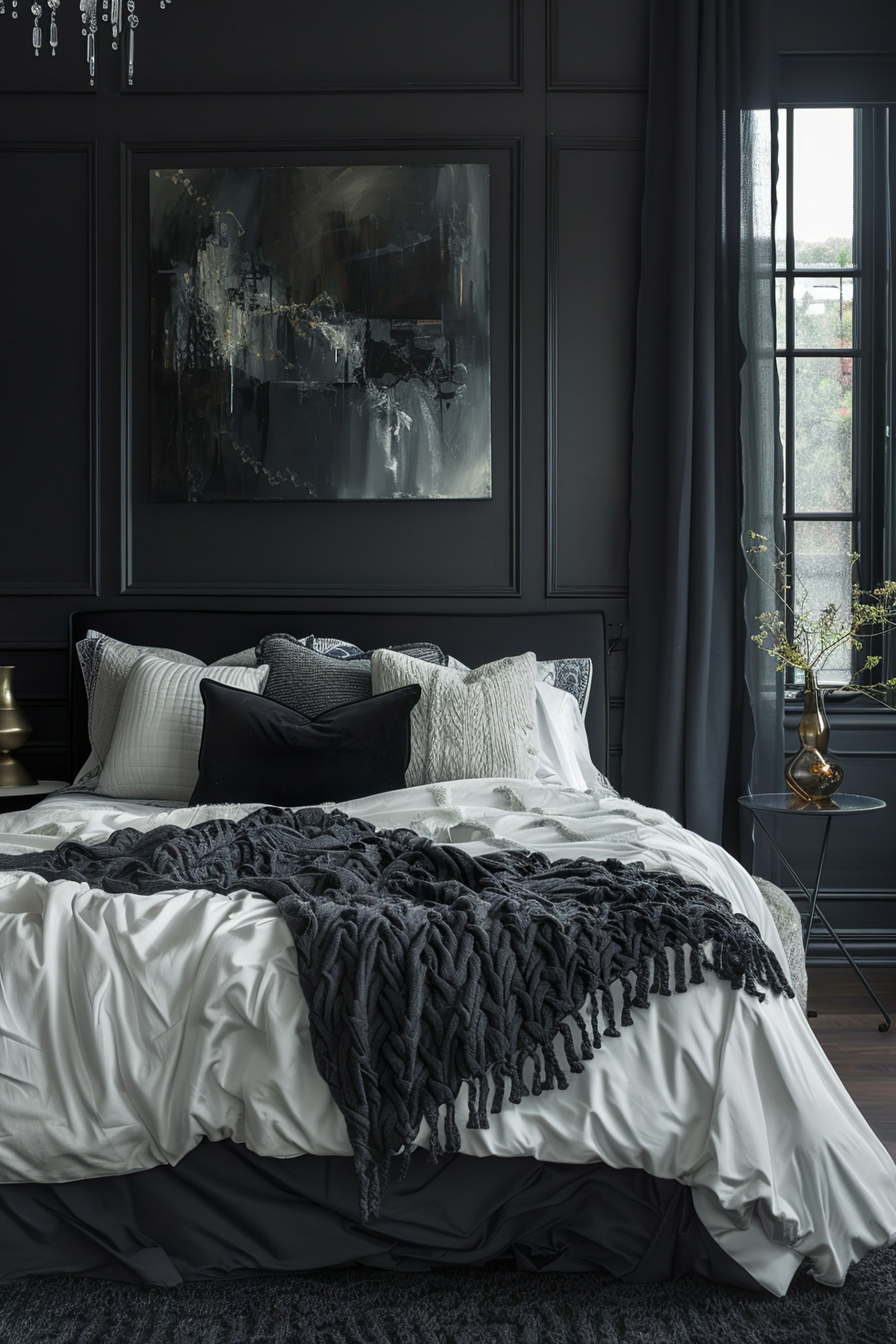 Elegant dark-themed bedroom with a cozy bed covered in white linens, gray knitted blanket, abstract art, and a view through the window.