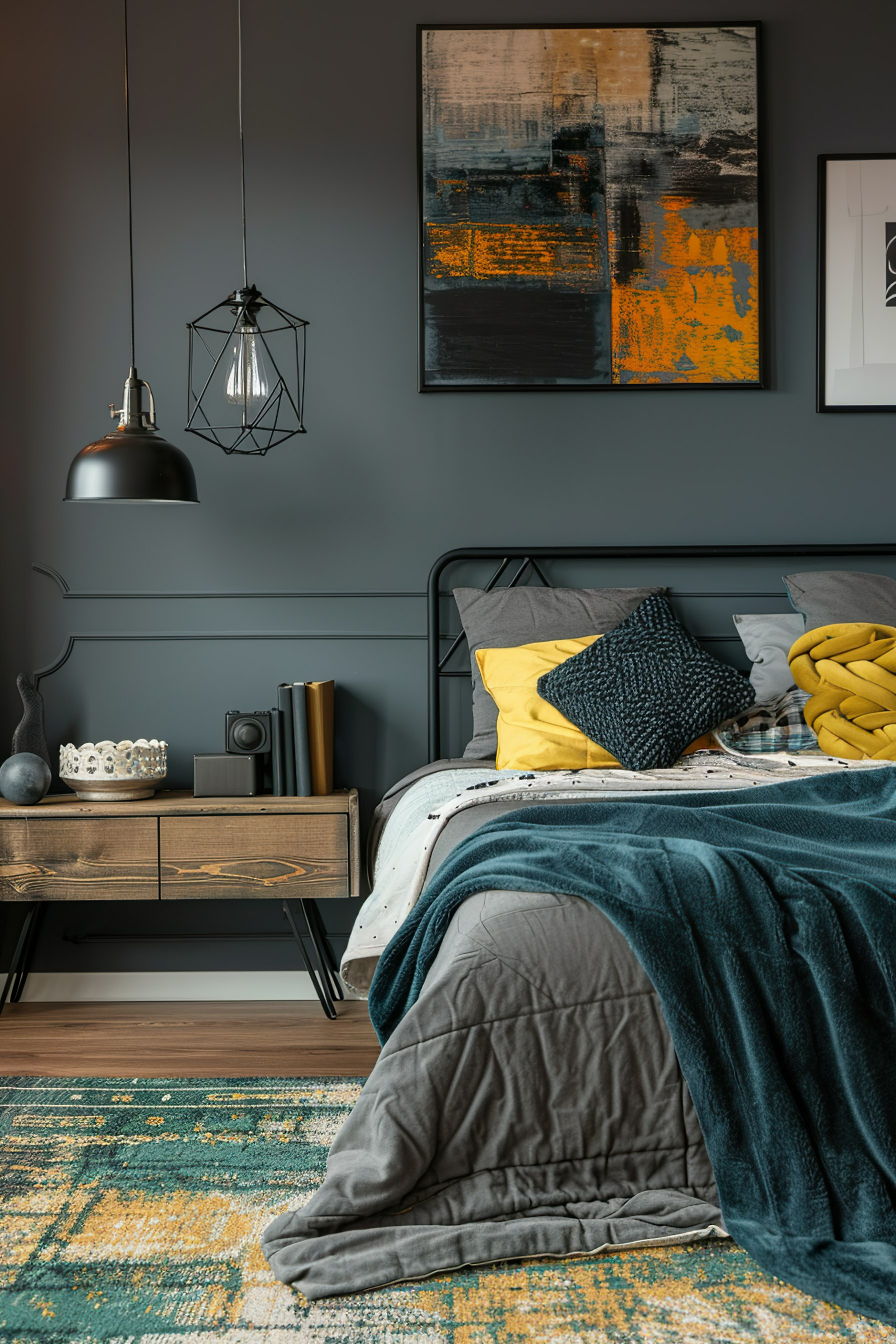 Modern bedroom with dark gray walls, patterned artwork, industrial-style pendant lights, and colorful bedspread.