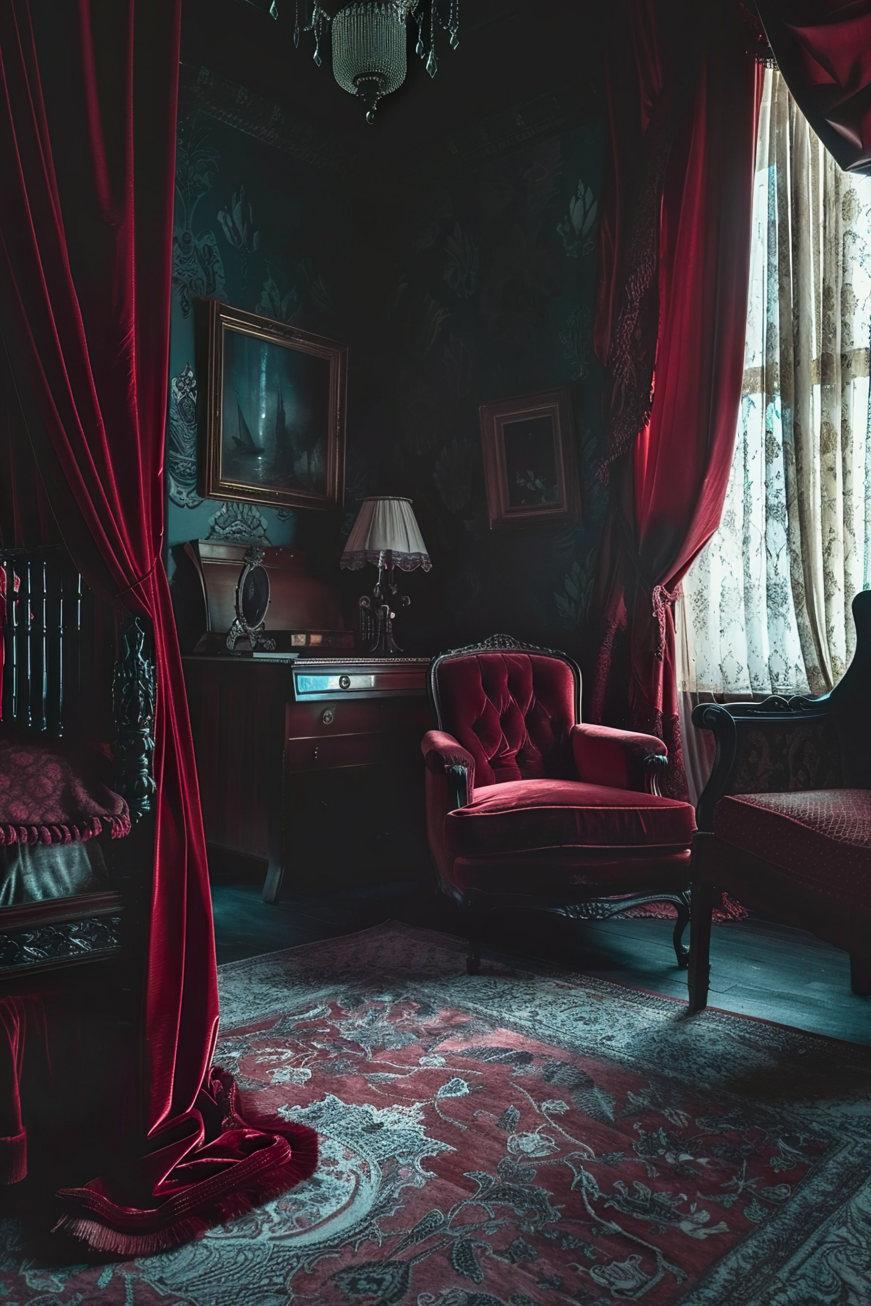 A dimly lit vintage room with red velvet armchair, heavy drapes, intricate rug, and classic furnishings under a chandelier.