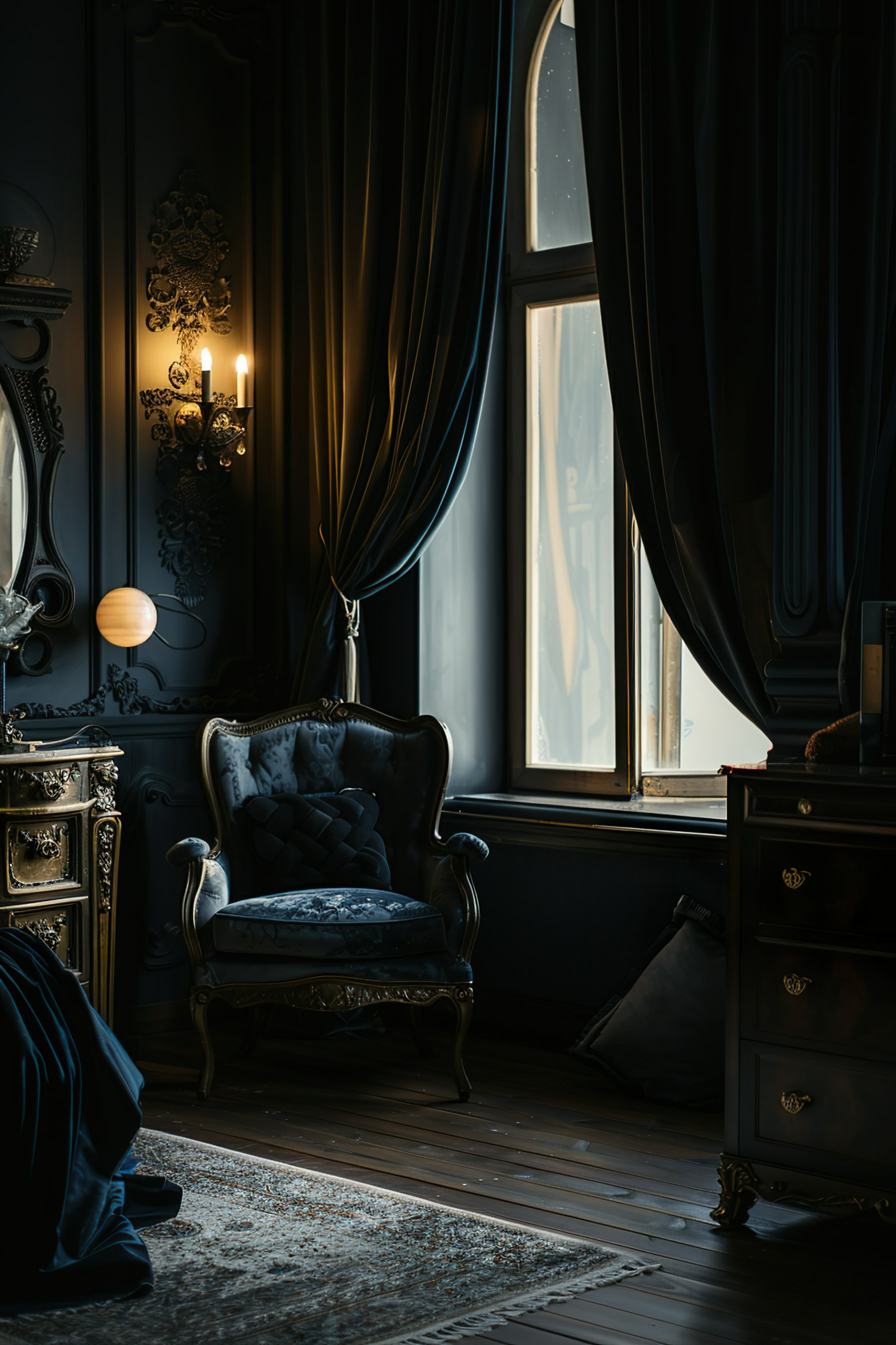 Elegant vintage room with dark blue curtains, antique furniture, lit candles on the wall, and natural light coming through a window.