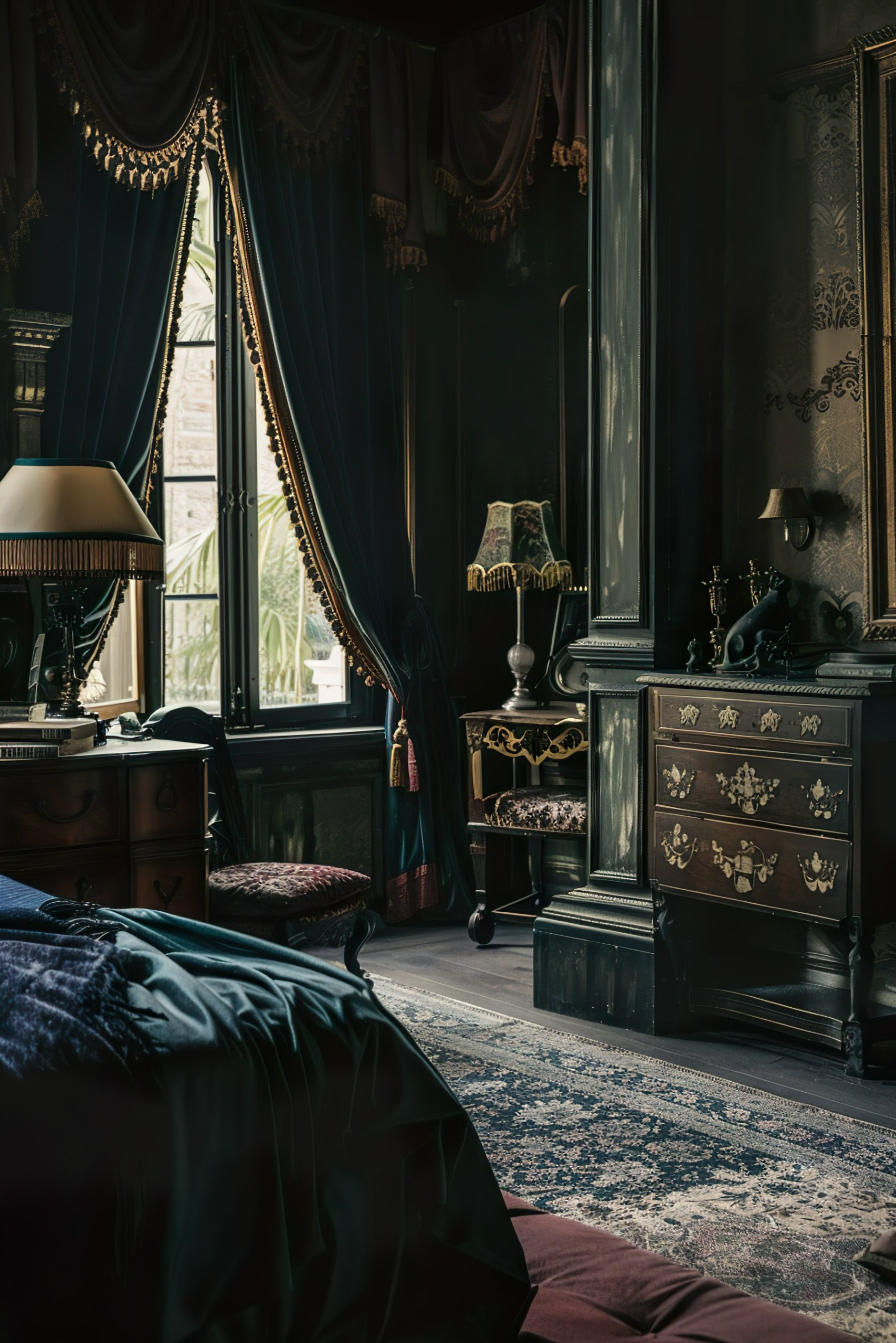 Elegant vintage bedroom interior with rich drapery, antique furniture, and ornate decor.