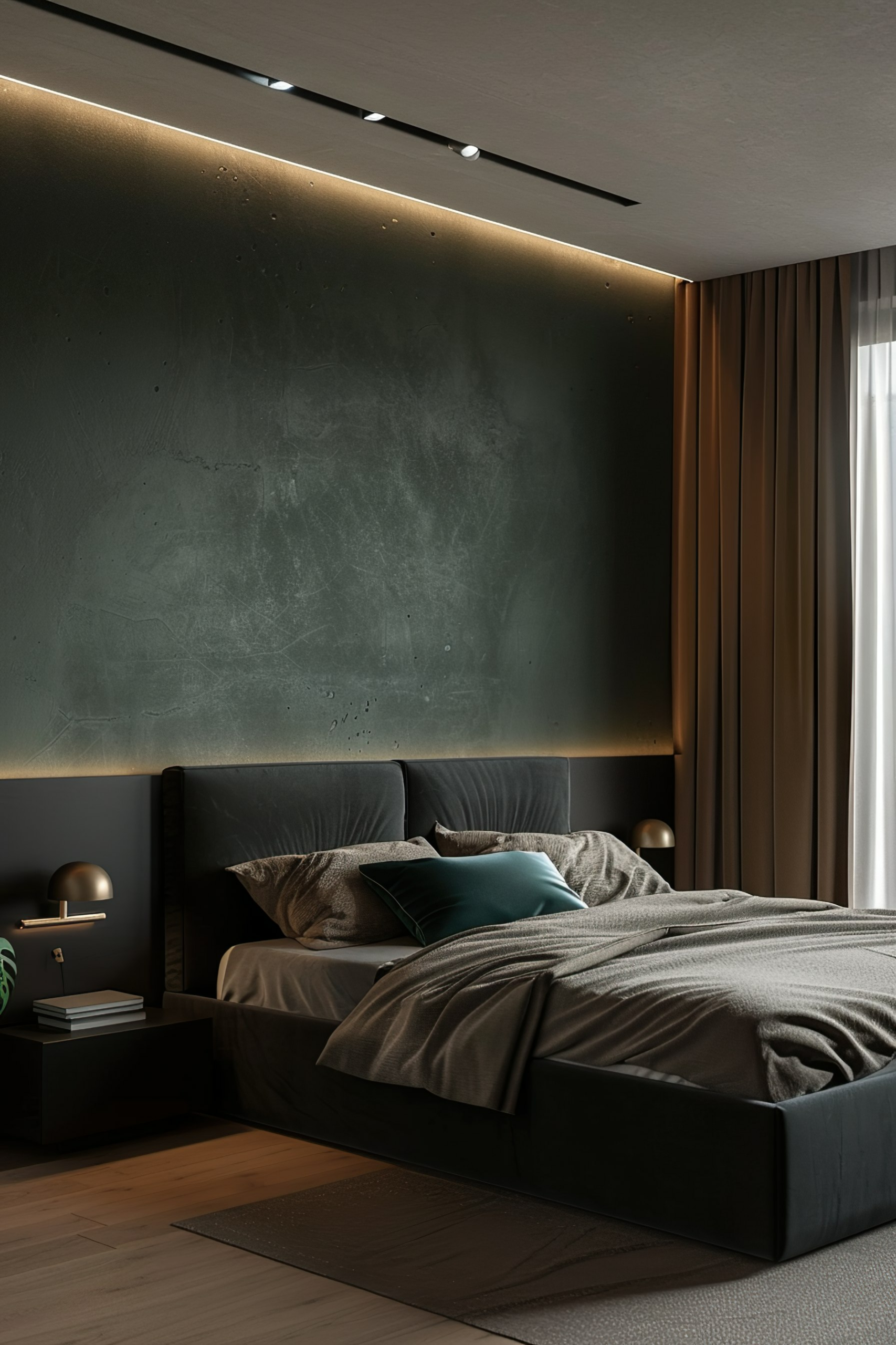 Modern bedroom interior with a large bed, dark walls, spotlight ceiling, and ambient lighting.