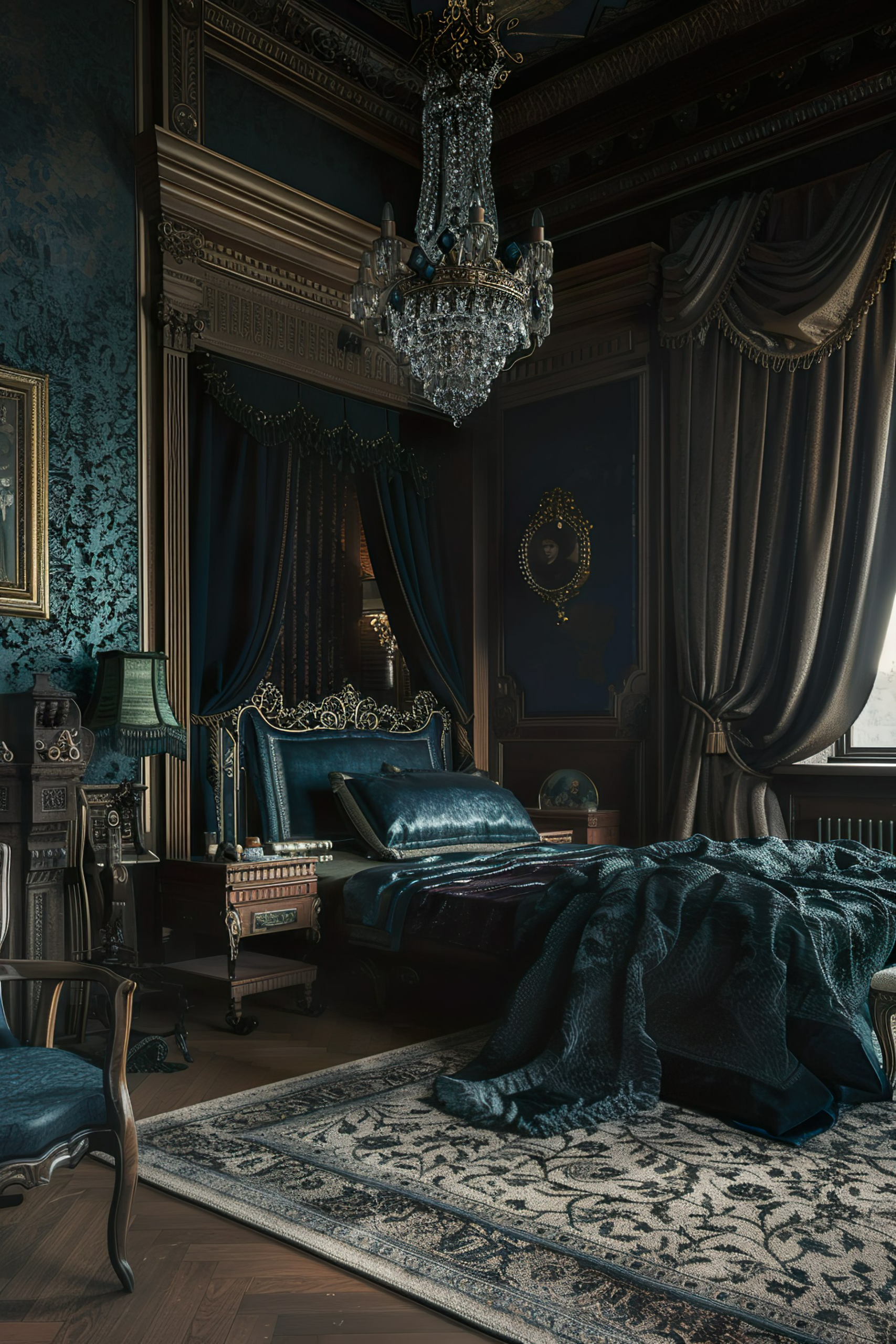 Elegant vintage bedroom with dark blue textiles, ornate furniture, a crystal chandelier, and heavy drapery in a dark, moody setting.