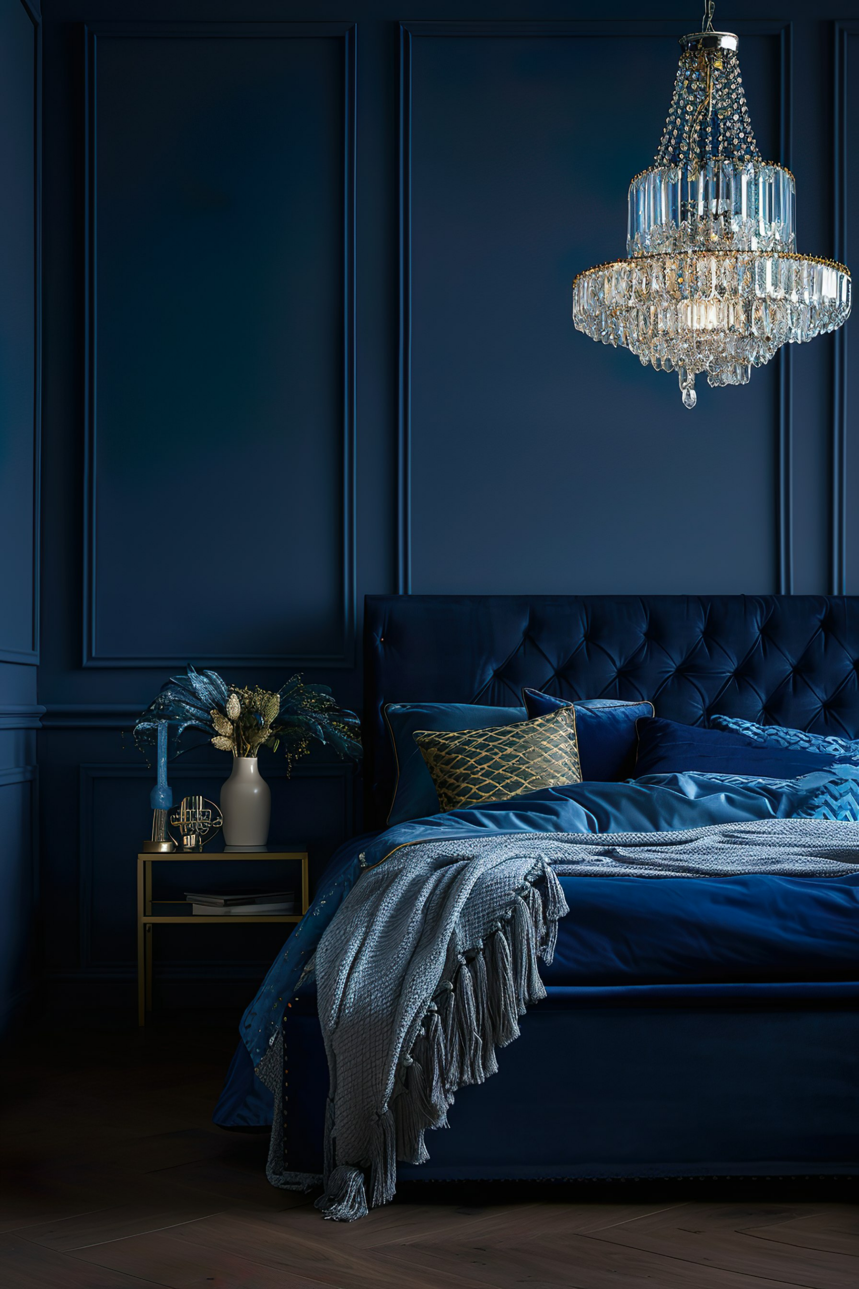 Elegant dark blue bedroom interior with a luxurious chandelier, a tufted bed, and stylish decor.