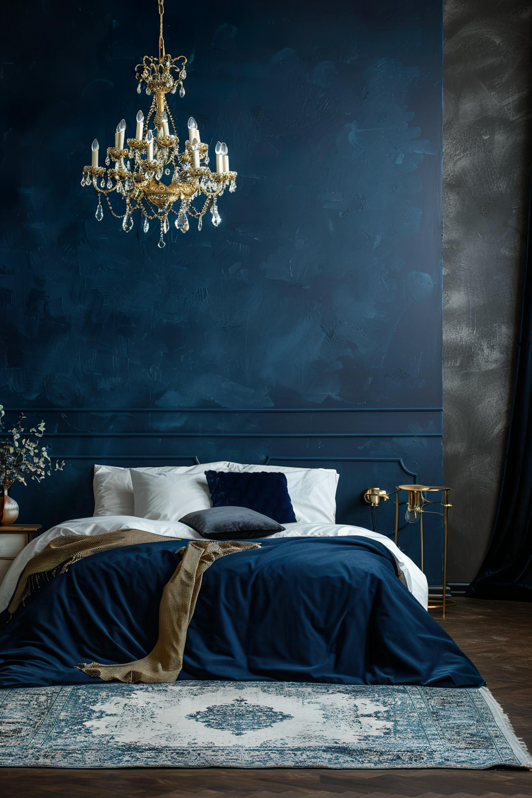 Elegant bedroom with a dark blue theme, white bedding, a gold chandelier, and a vintage-style rug on the floor.