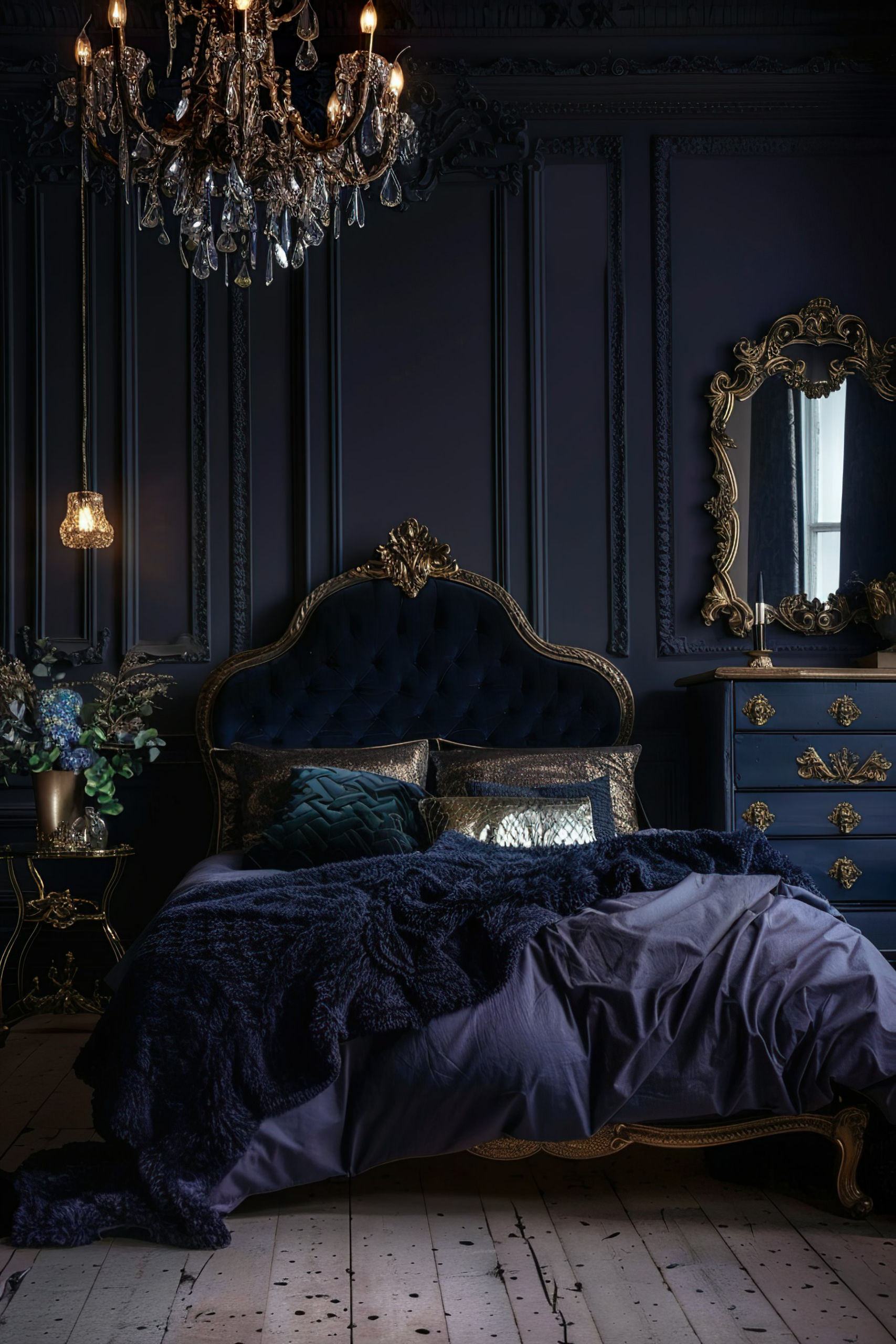 Elegant dark-hued bedroom with a luxurious velvet bed, ornate gold-trimmed furniture, and a crystal chandelier.