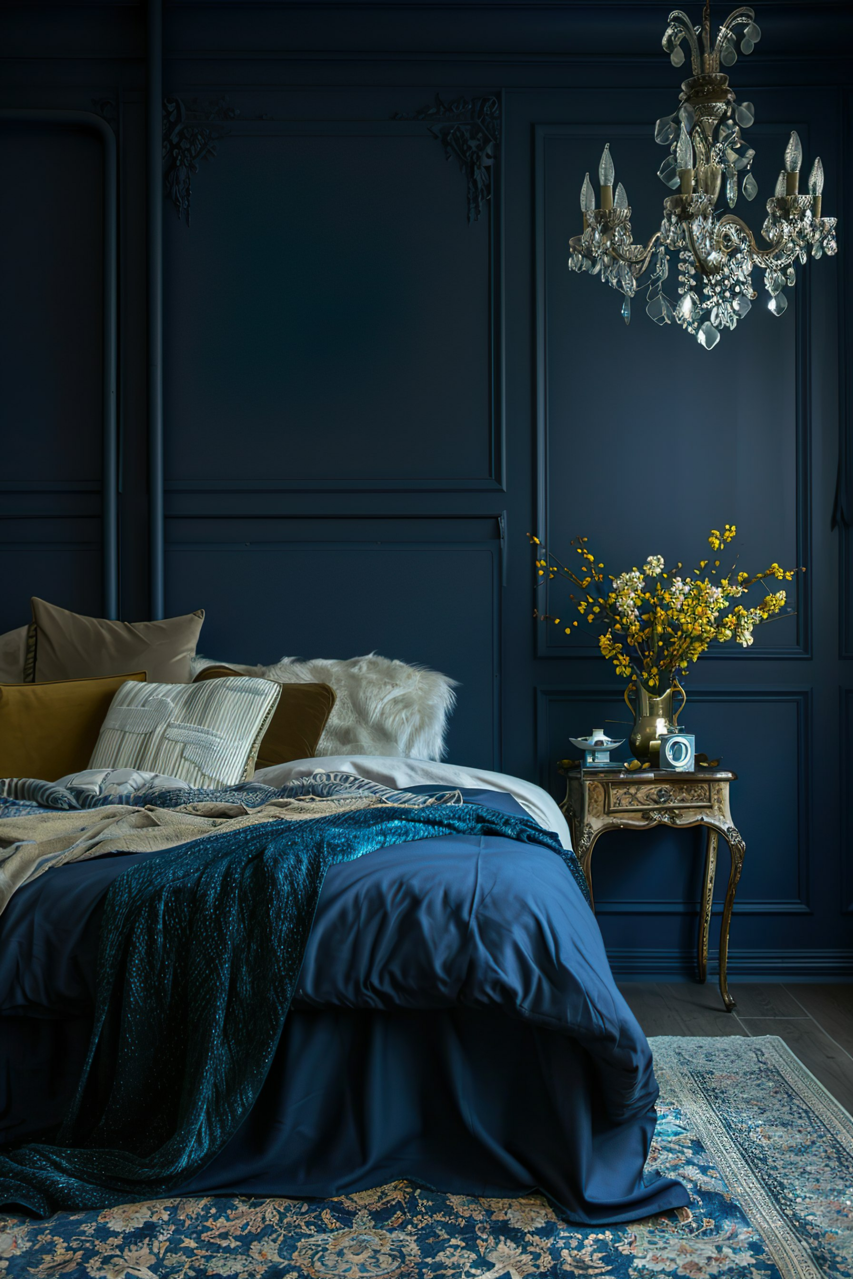 Elegant bedroom with dark blue walls, ornate chandelier, and a bed with teal accents beside a vase of yellow flowers on a vintage nightstand.