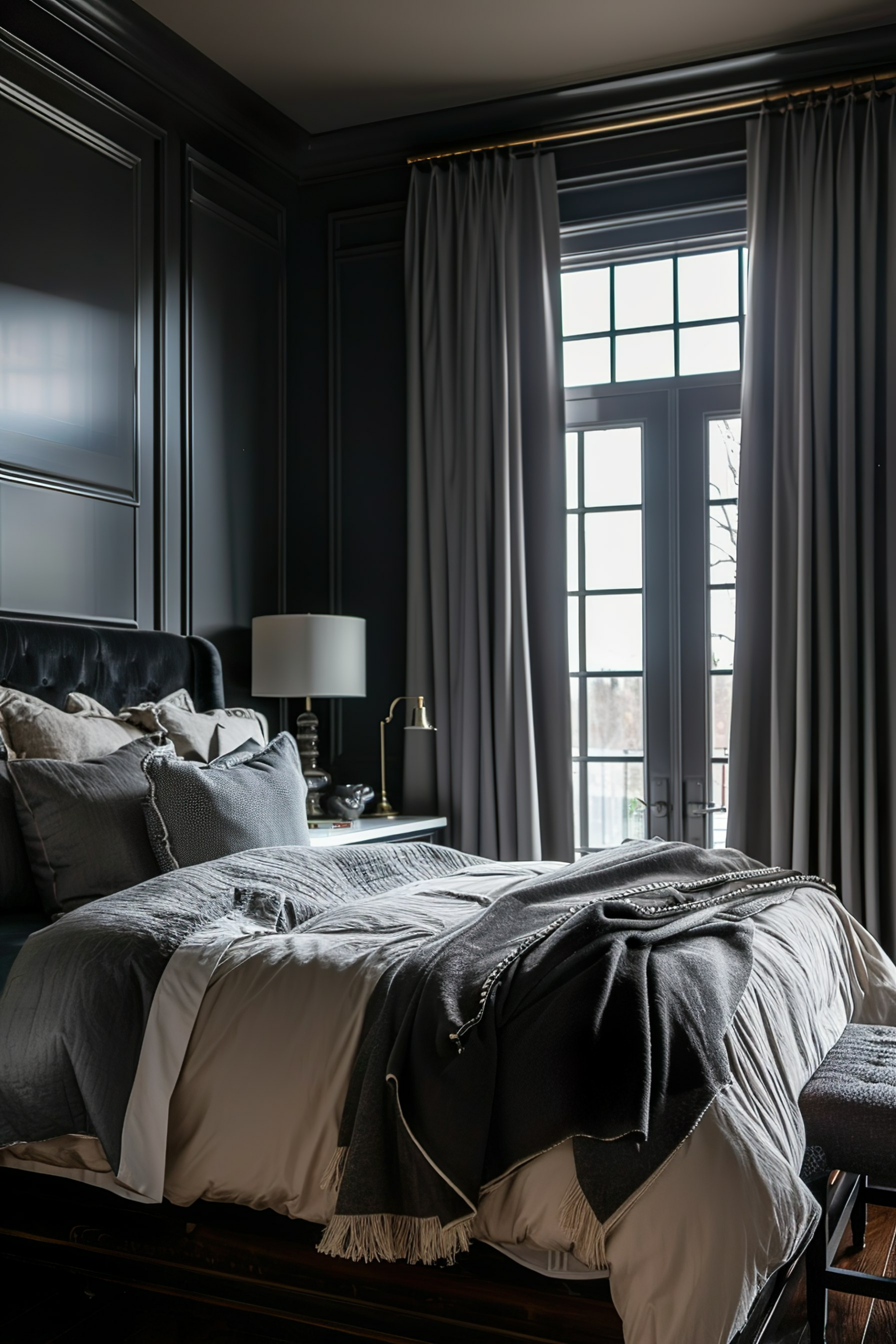 Elegant bedroom with a dark color scheme, featuring a plush bed with gray bedding, a lamp on the bedside table, and large windows with drapes.