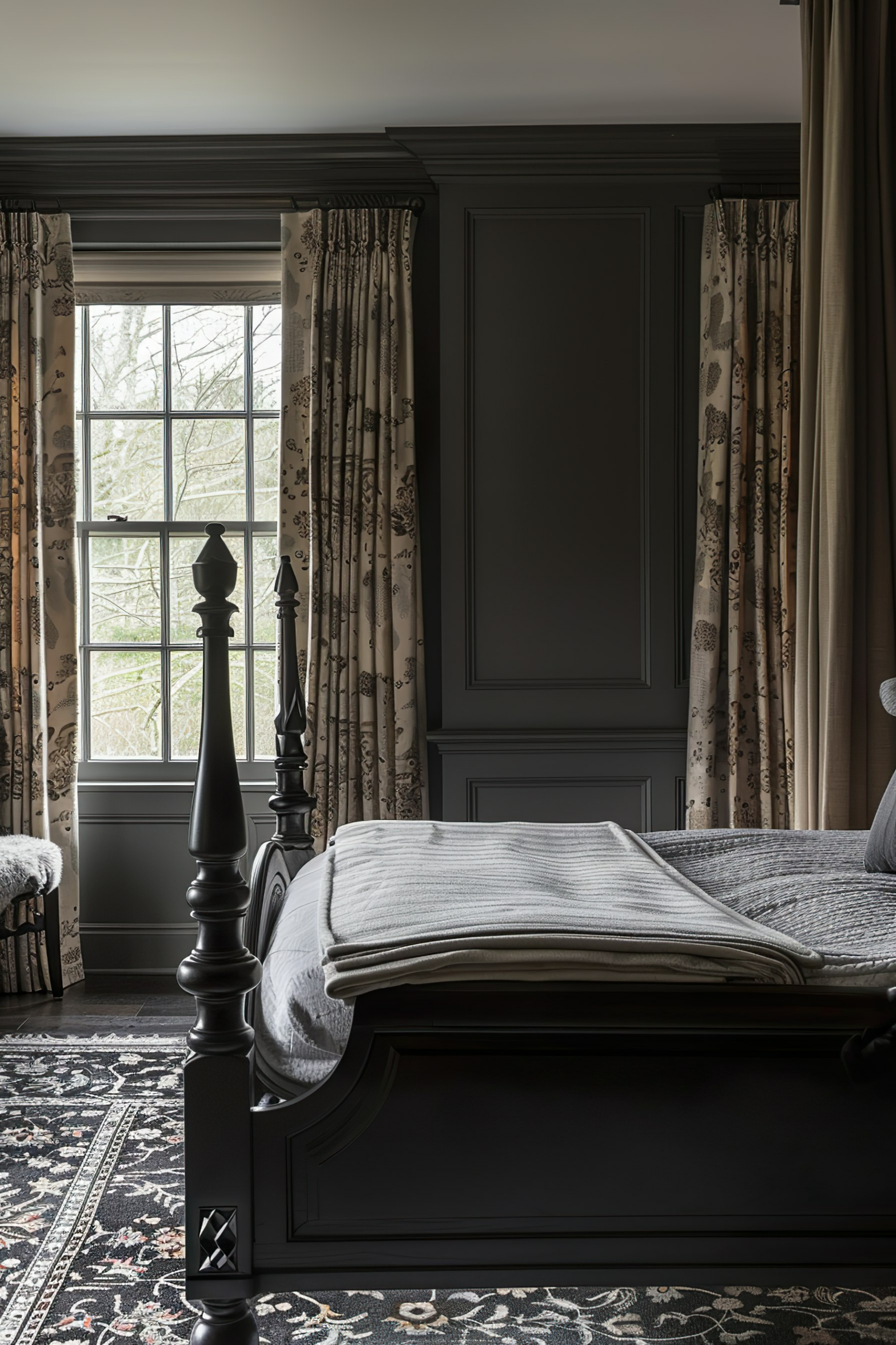 Elegant bedroom with a dark four-poster bed, patterned curtains, and a view of trees through a window, showcasing a classic design.