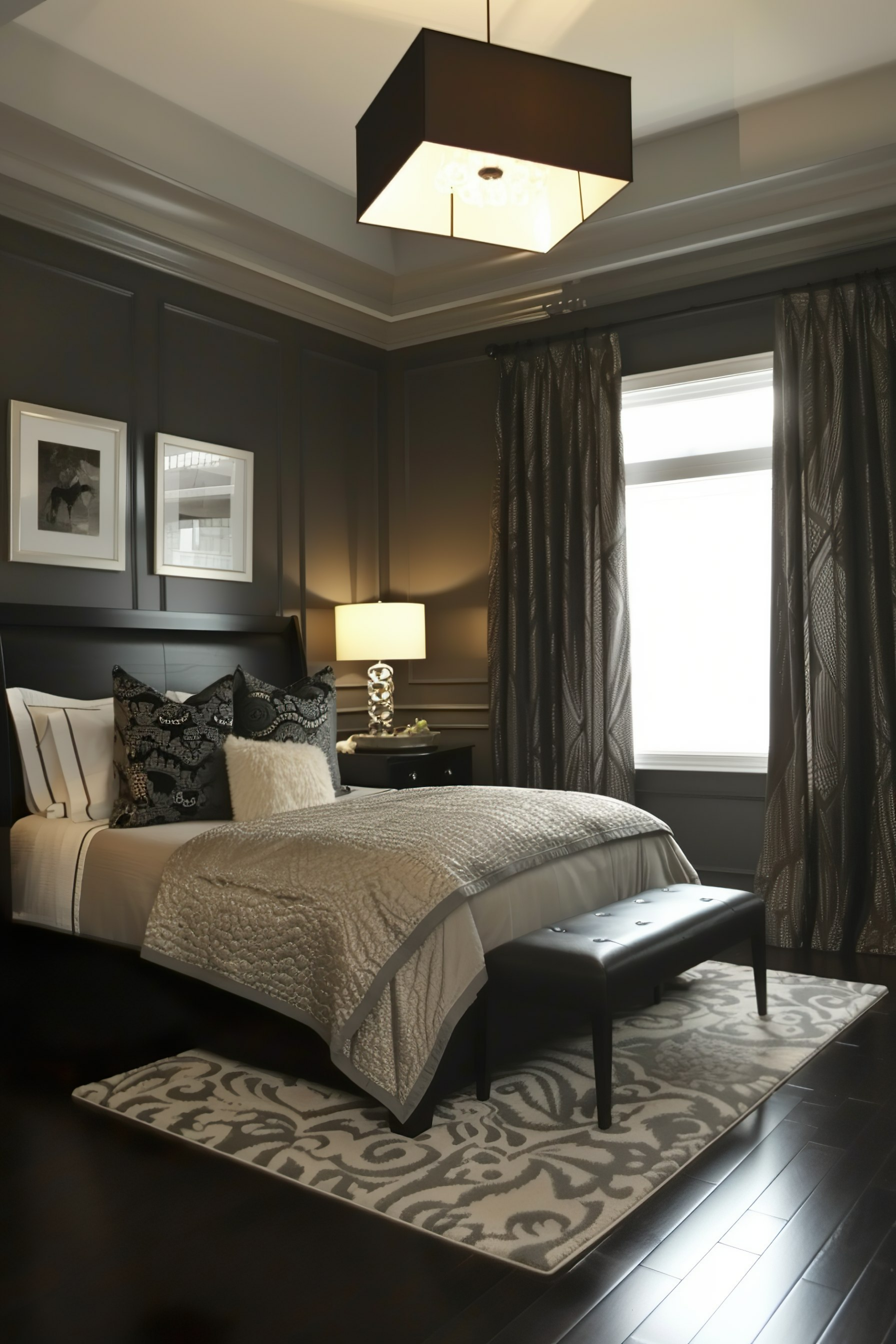 Elegant bedroom with dark walls, luxe bedding, bench at foot of the bed, framed art, and a modern hanging light fixture.