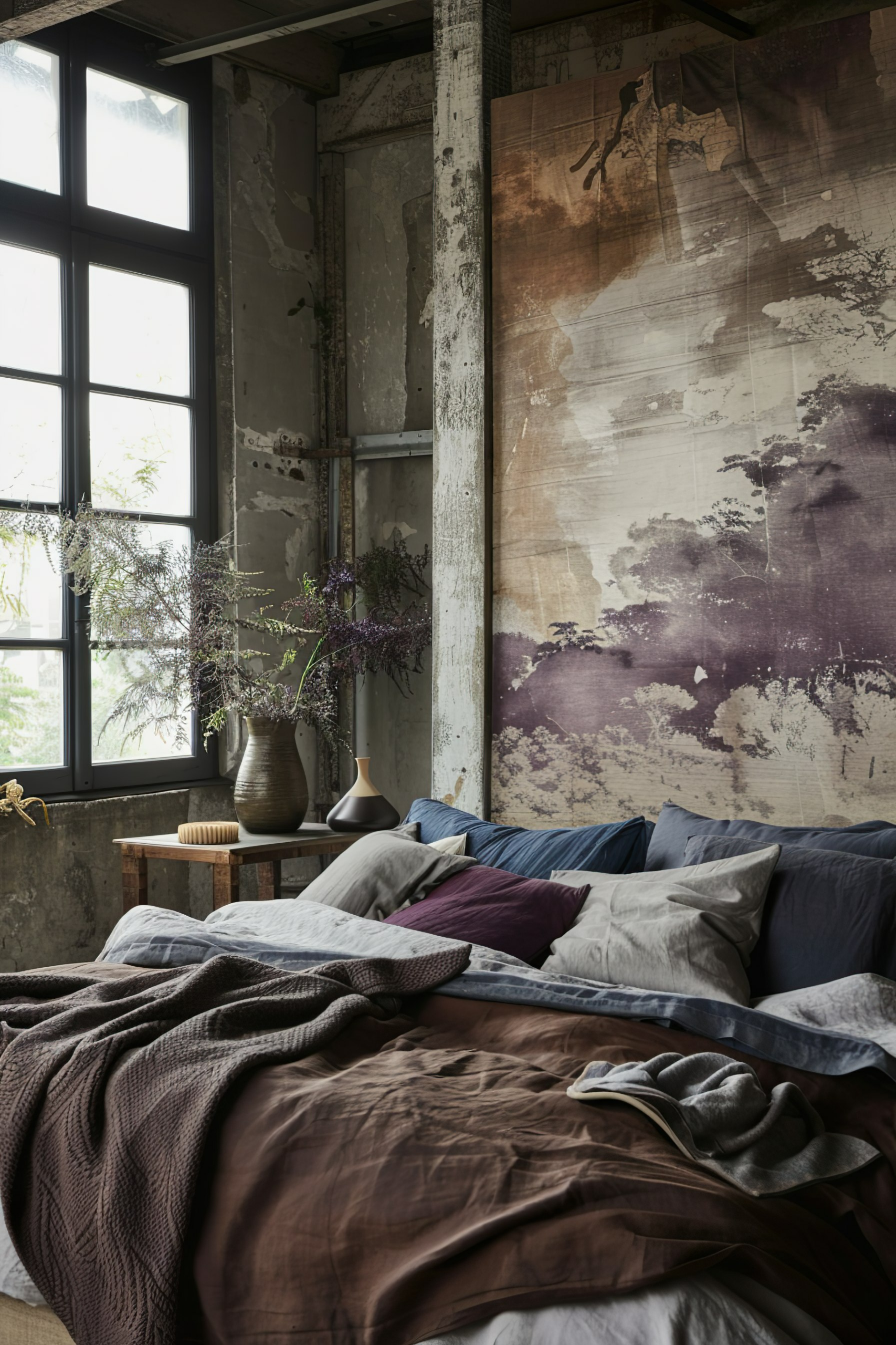 ALT: A cozy industrial-style bedroom with a large bed full of pillows, an artistic mural on the wall, and a vase with branches on a wooden bench.