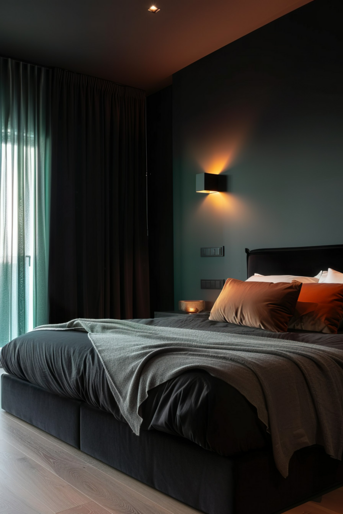 A modern bedroom with dim lighting, a large bed with gray and orange pillows, and a cozy atmosphere.