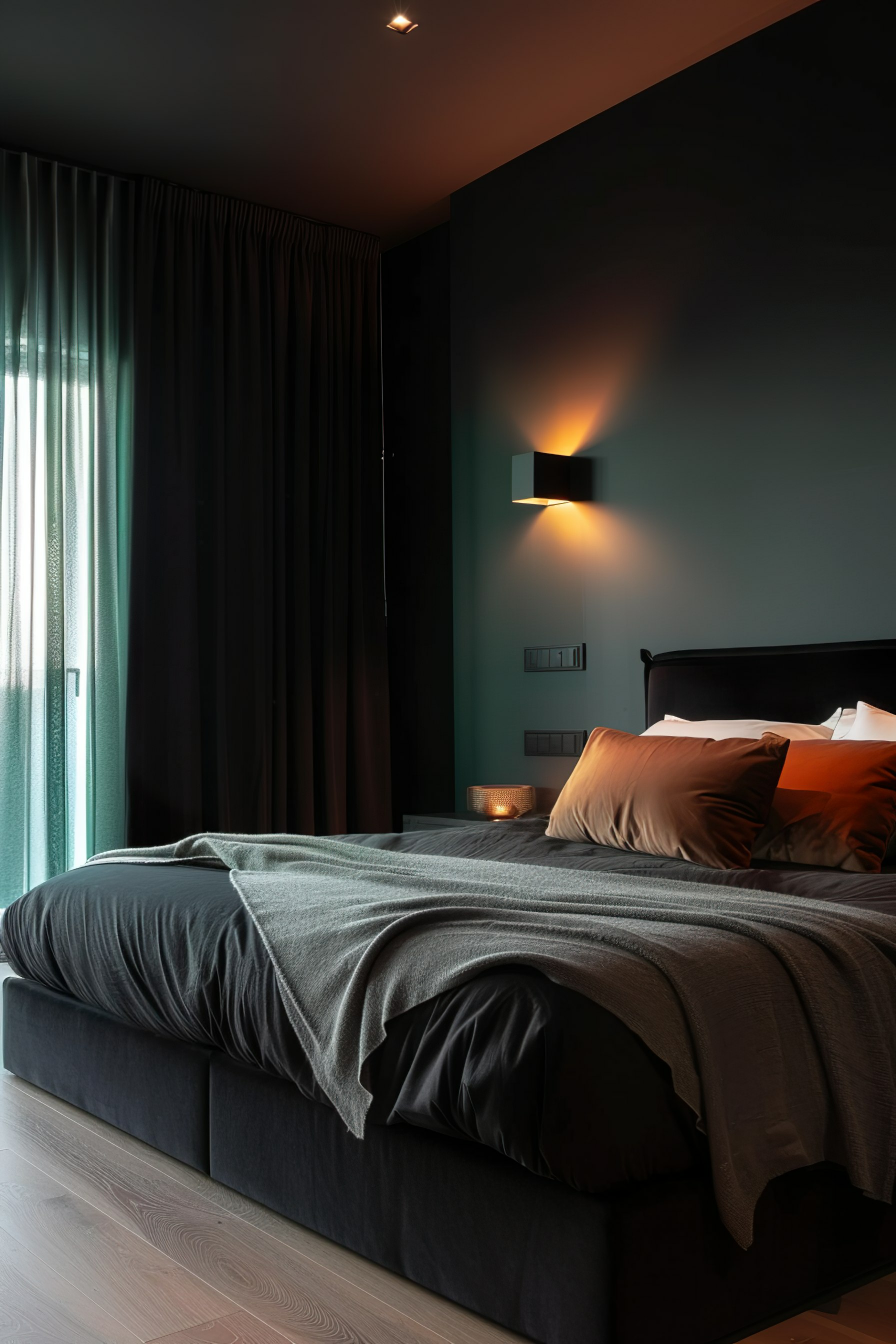 A modern bedroom with dim lighting, a large bed with gray and orange pillows, and a cozy atmosphere.