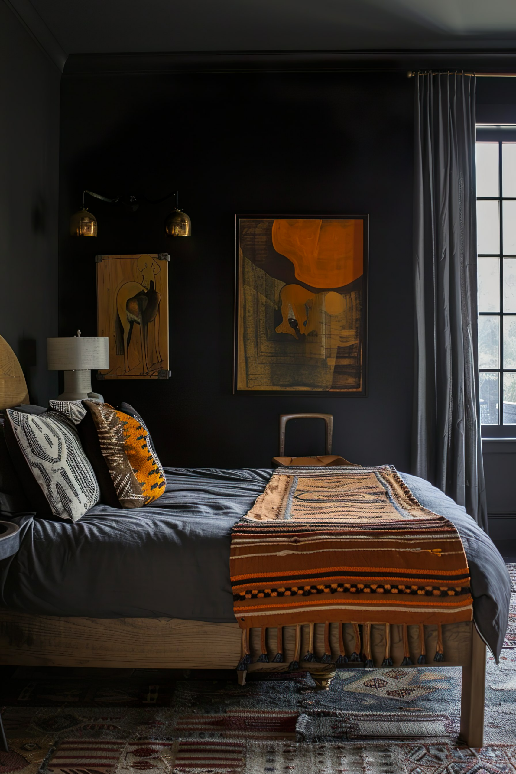 Dark-toned bedroom with a bed adorned with patterned throw pillows and a decorative blanket, art on walls, and ambient lighting.