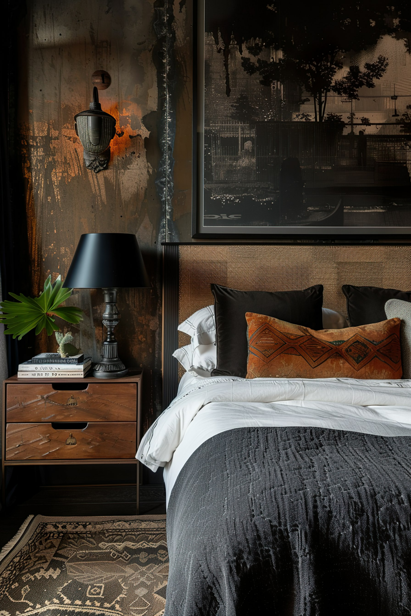 Elegant bedroom interior with black textured bedding, rustic nightstand, dark lamp, and wall art, creating a moody atmosphere.