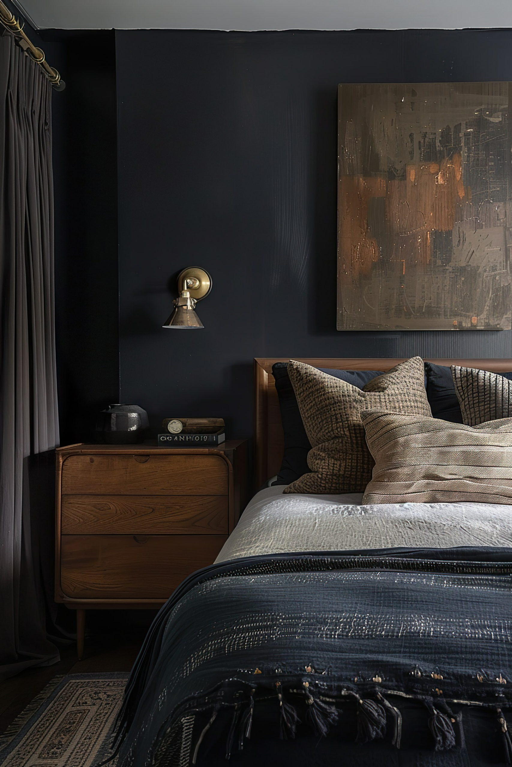 Elegant bedroom corner with dark walls, wooden bedside table with lamp, abstract art, and a bed with patterned pillows and navy throw.