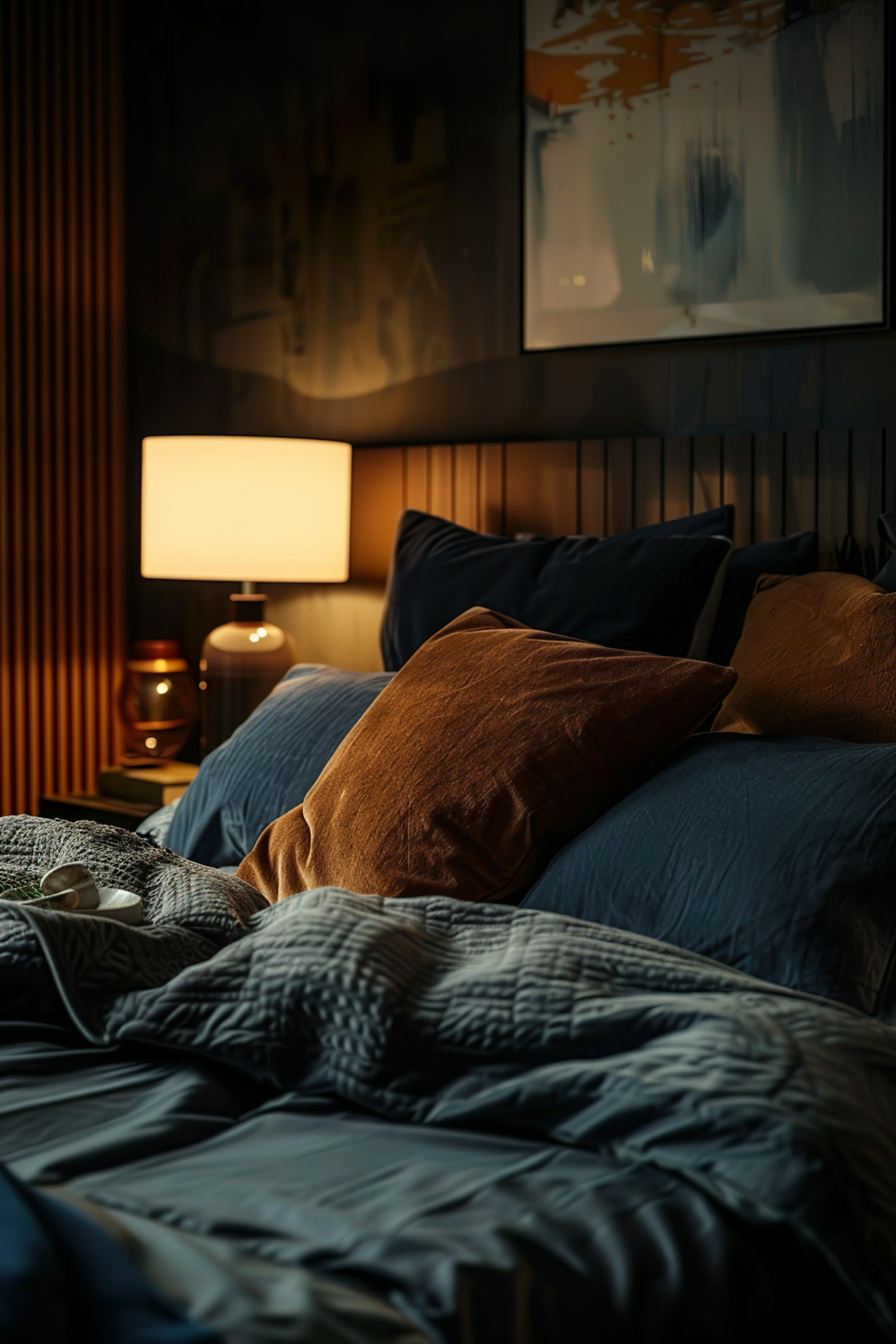 Cozy bedroom scene with a warmly lit table lamp, navy blue bedding, plush pillows, and a modern abstract painting on the wall.