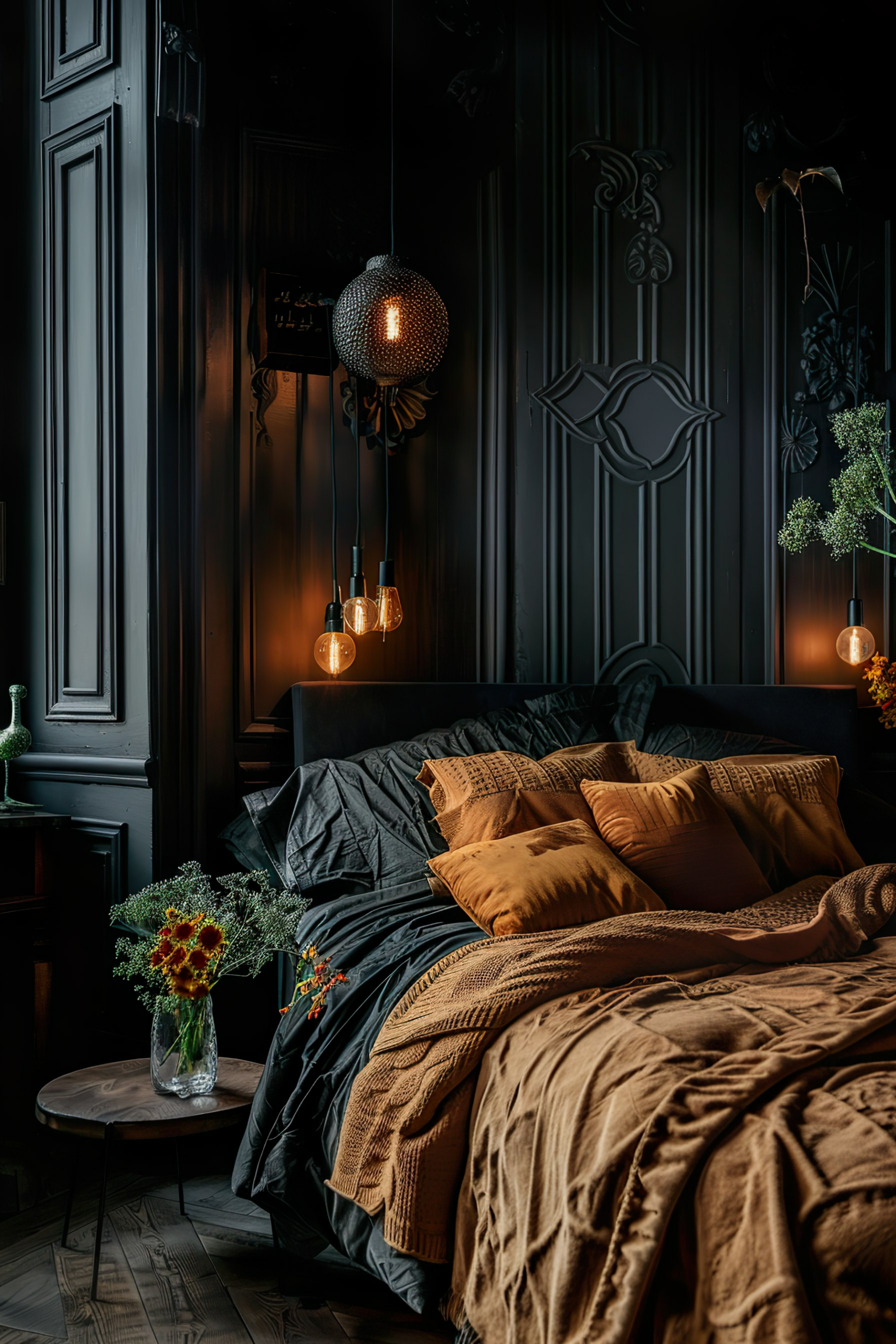 A cozy bedroom with a bed dressed in dark and mustard bedding, pendant lights, and a vase of wildflowers on a side table.