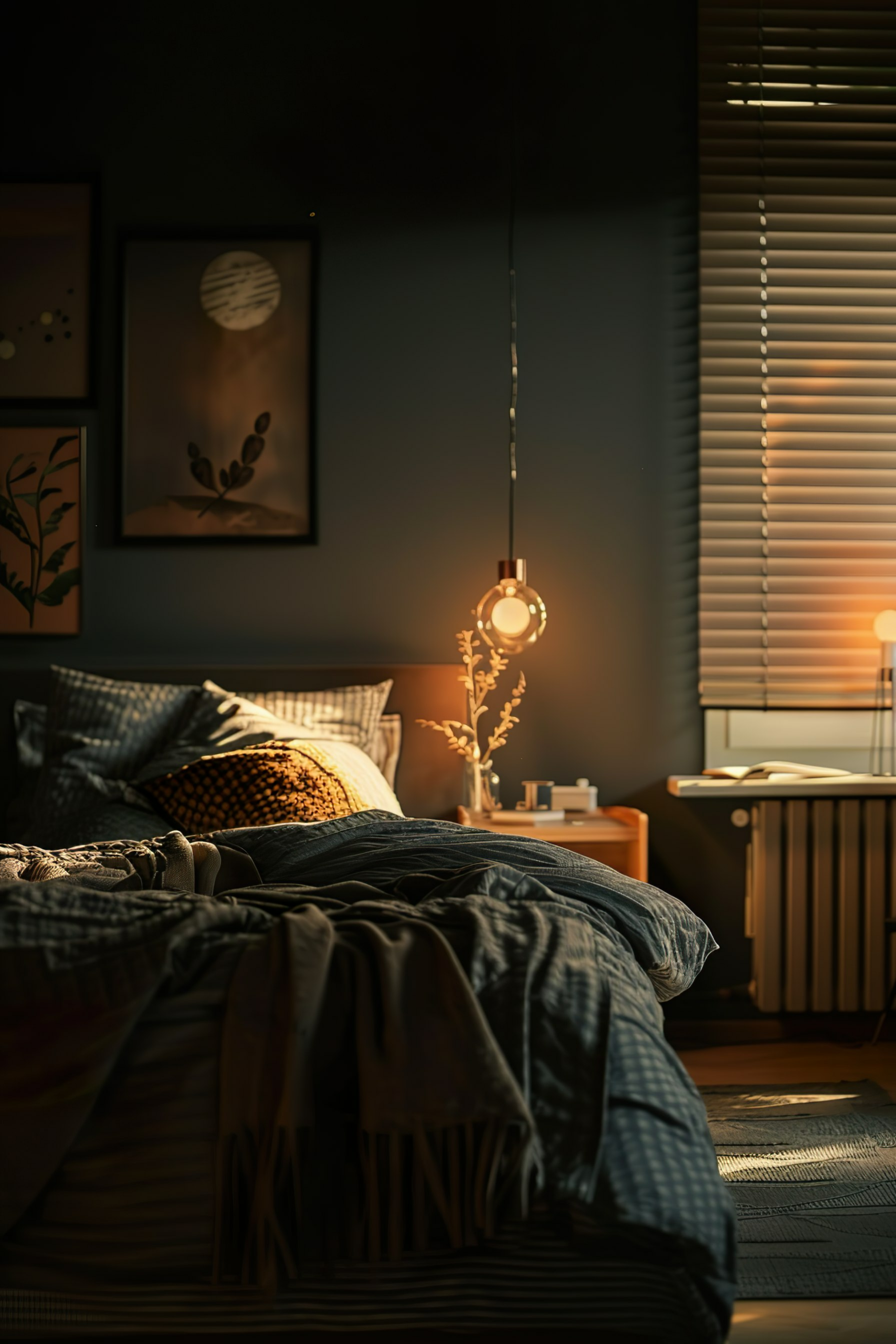 A cozy bedroom in soft evening light with an unmade bed, hanging pendant light, framed wall art, and window blinds partially closed.