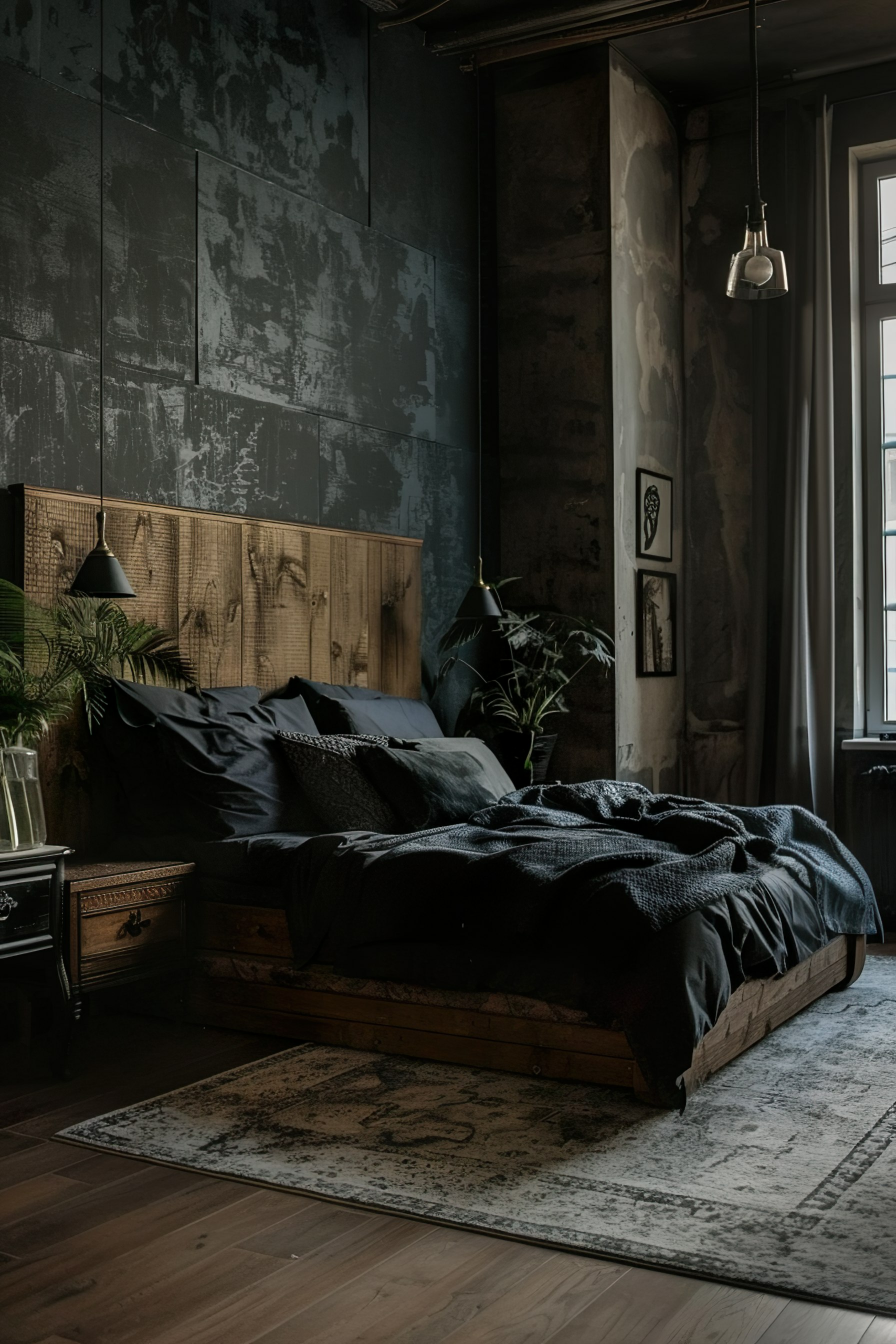 A dimly lit bedroom with a large bed covered in black bedding, distressed walls, and a hanging pendant light.