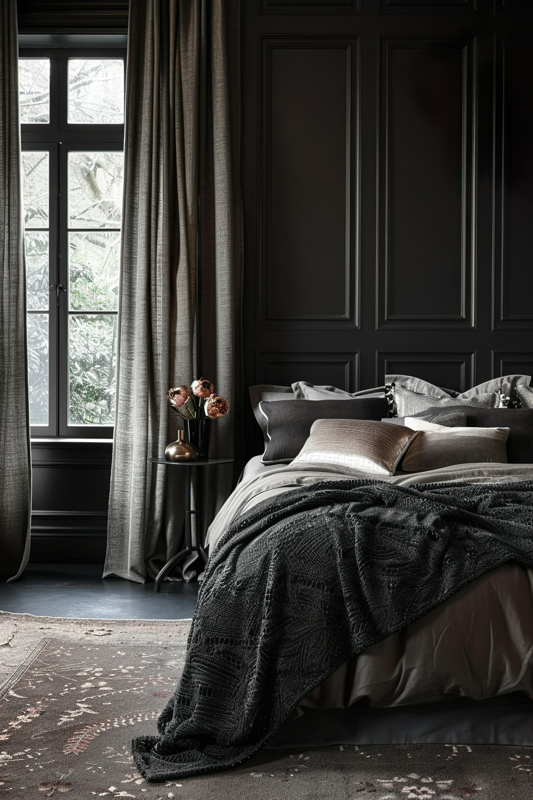 Elegant dark-themed bedroom with a plush bed, heavy gray curtains, and a snowy view outside the window.