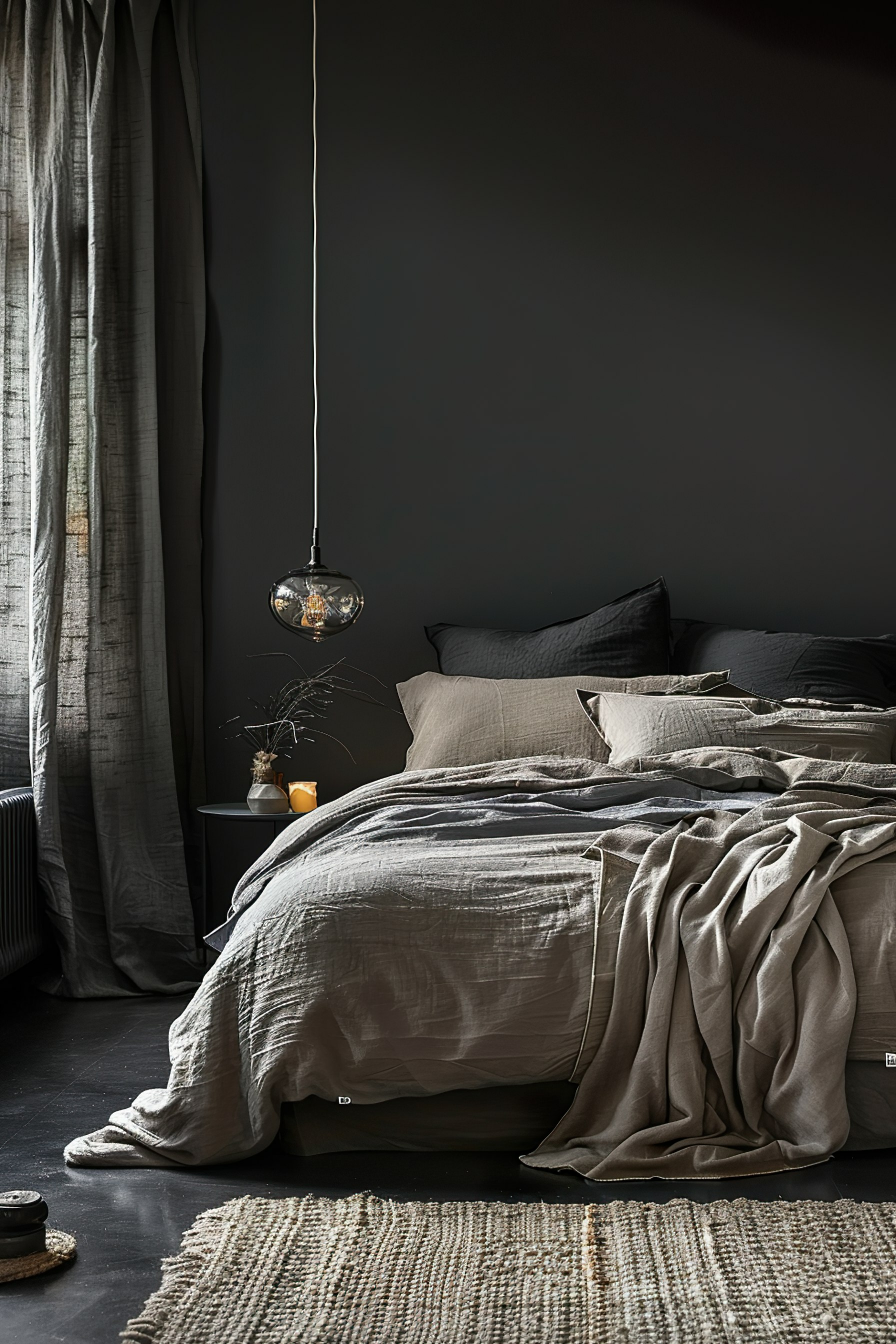 Cozy bedroom interior with dark walls, a bed with gray linens, hanging glass pendant light, and subtle decor accents.