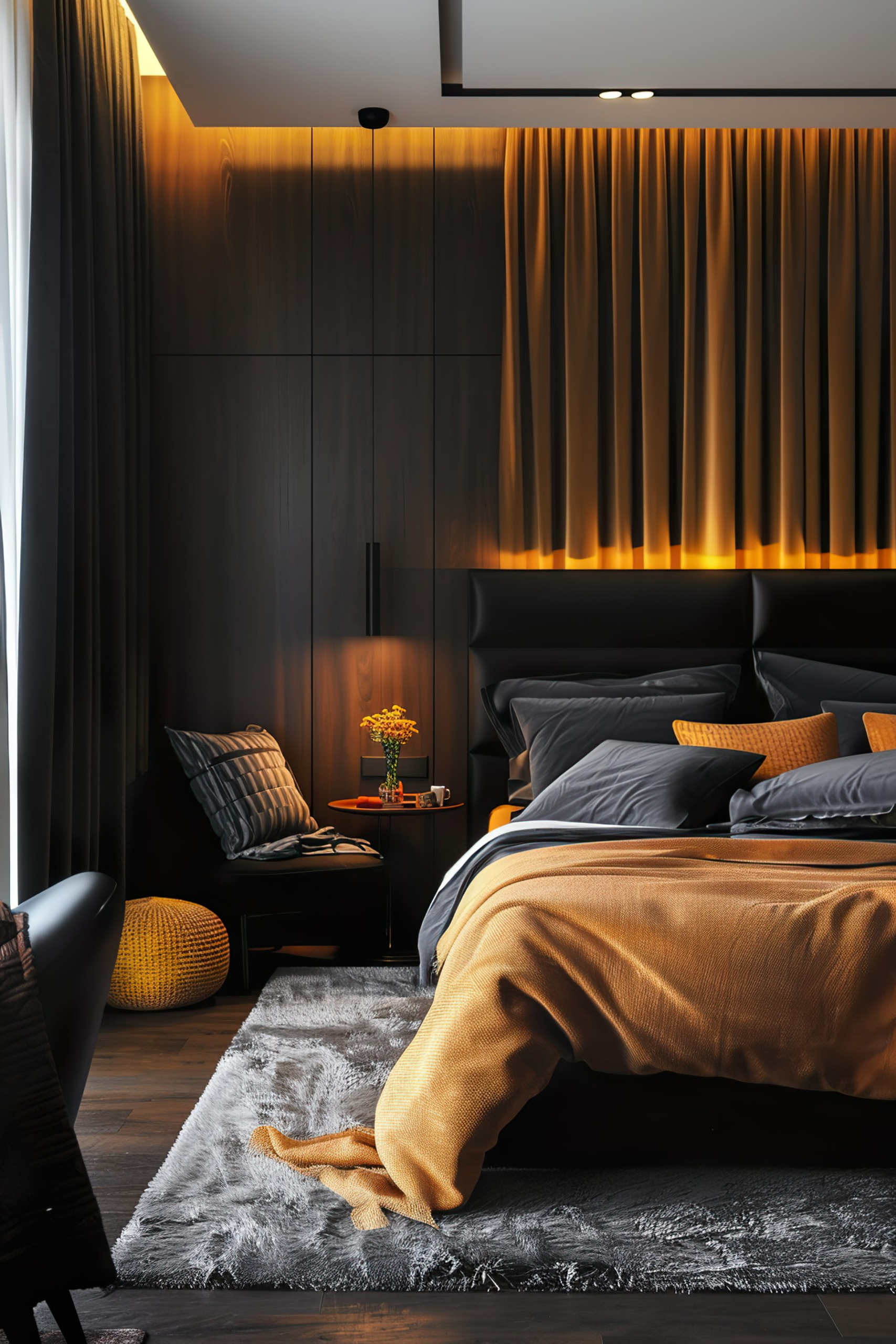 ALT: A modern bedroom featuring a large bed with black and mustard bedding, wooden walls with backlighting, and cozy dark furnishings.