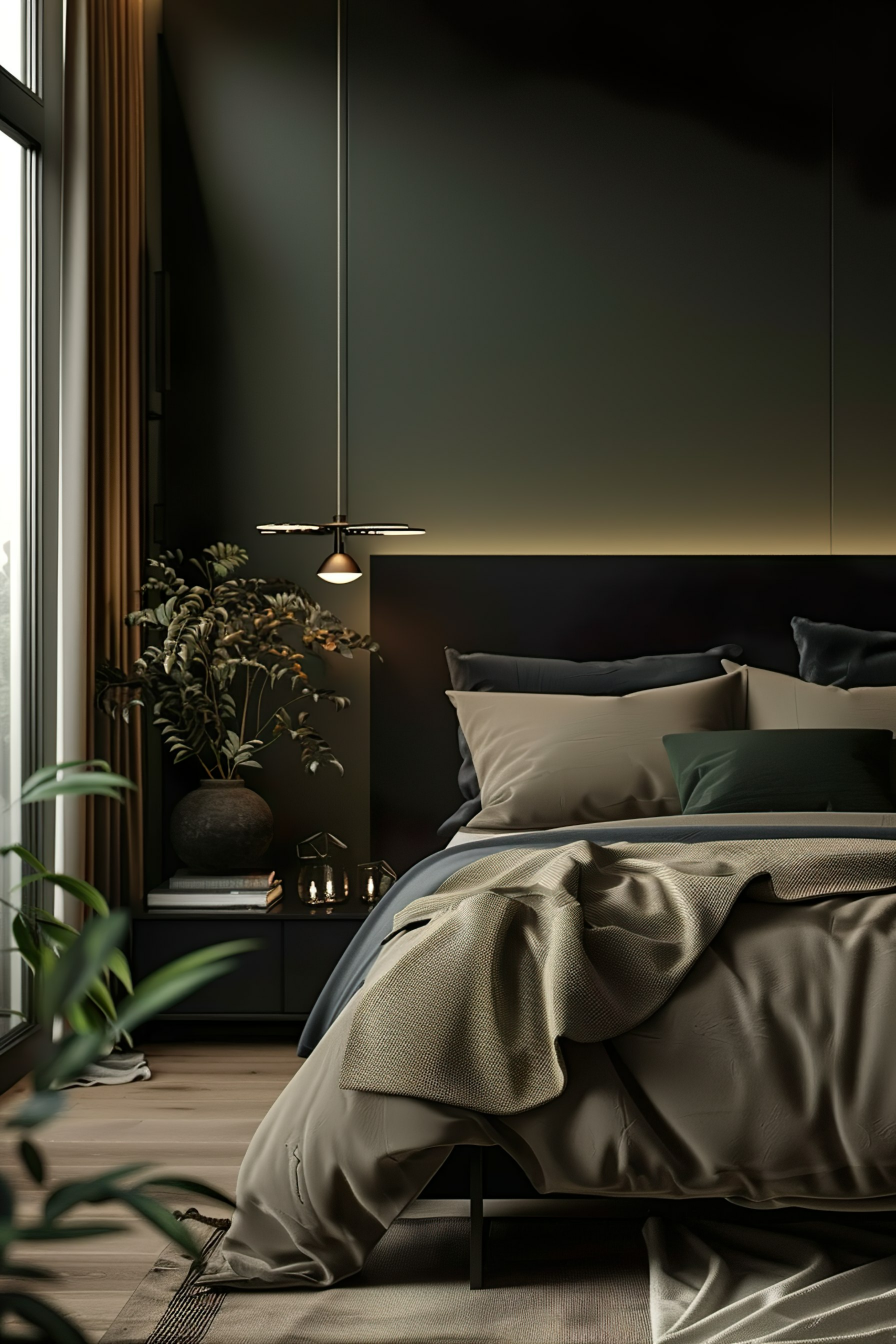 ALT text: Modern bedroom with dark walls, a bed with gray and green linens, potted plants, a hanging lamp, and candles on the nightstand.