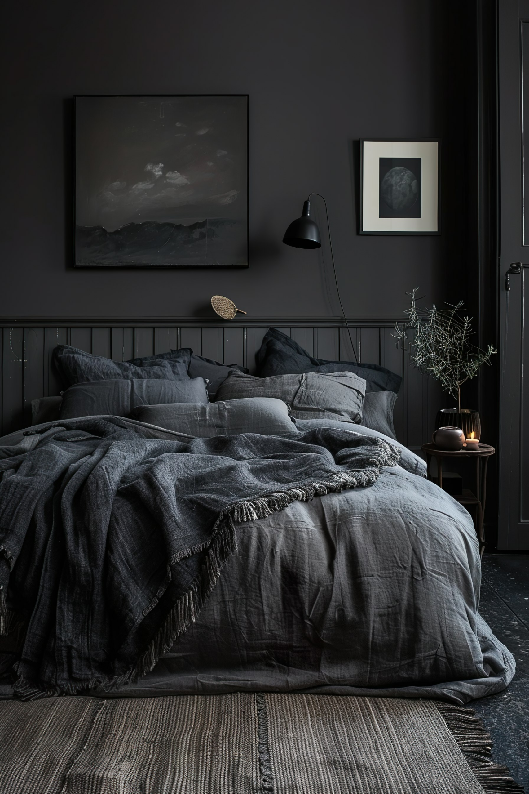 ALT: A cozy dark-themed bedroom with a rumpled grey bedspread, a hanging wall lamp, artwork on the walls, and a small bedside table.