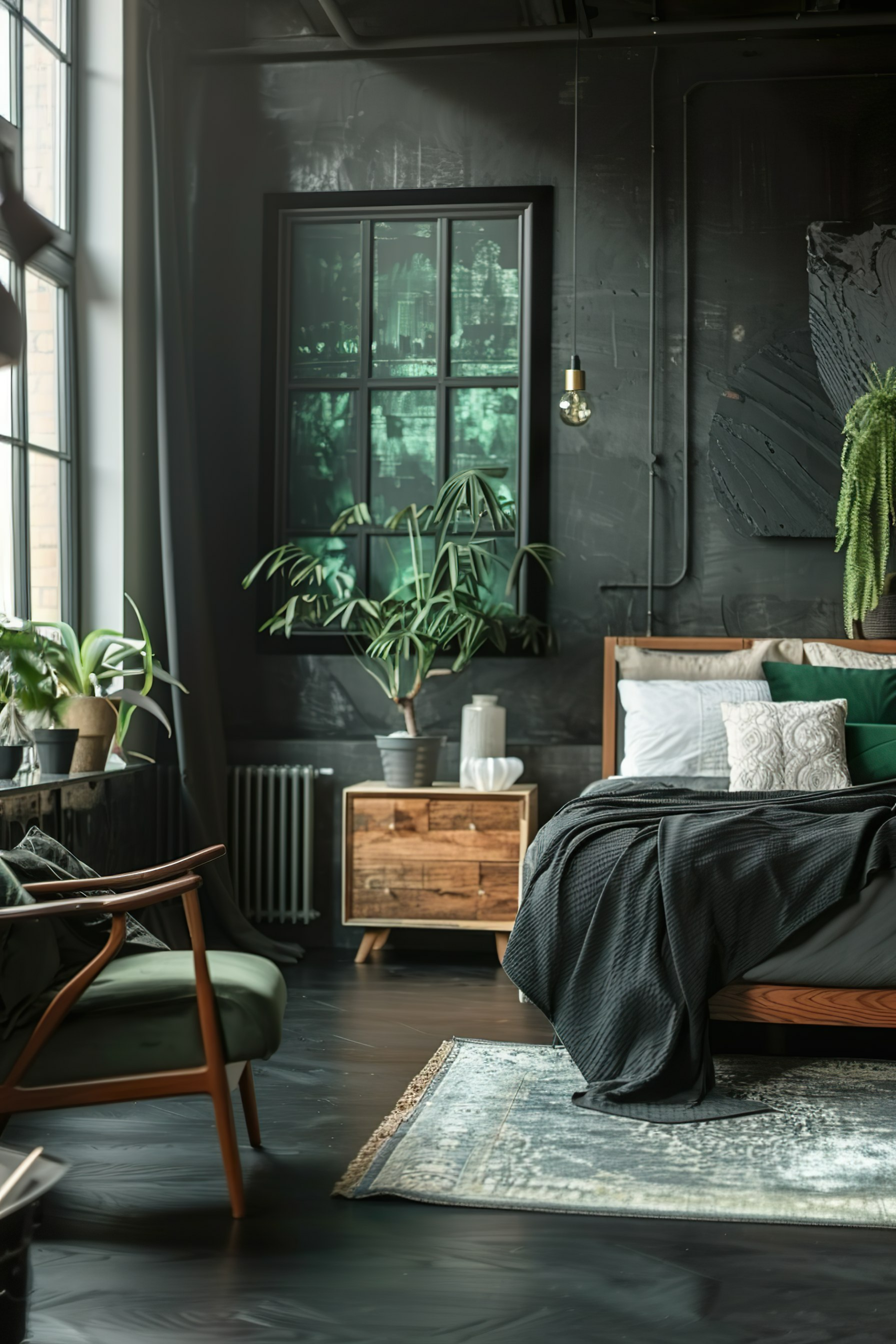 Cozy bedroom interior with green plants, wooden furniture, and a black textured accent wall.