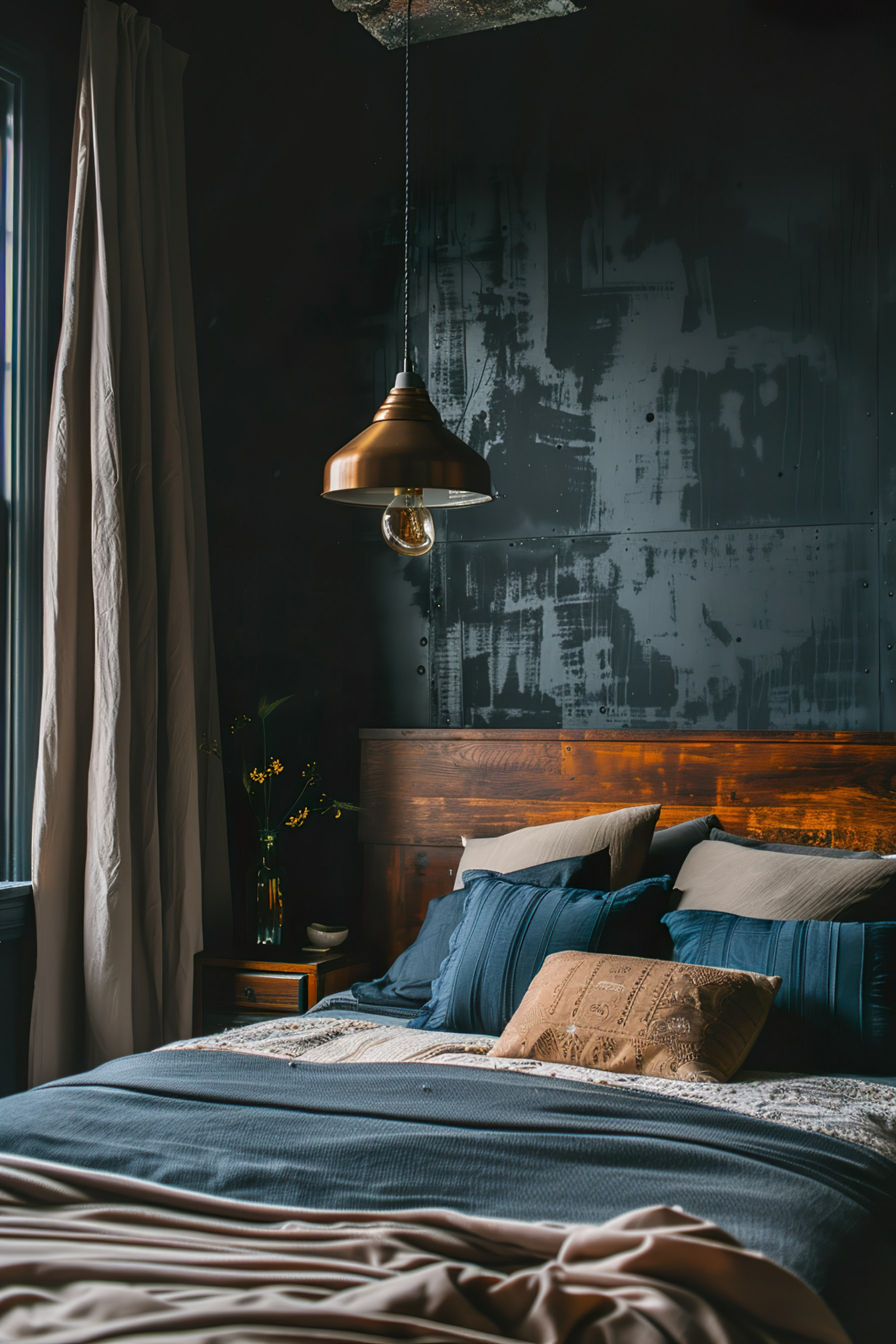 A cozy bedroom featuring a brass pendant light, a wooden headboard, blue and gray bedding, and dark textured walls.