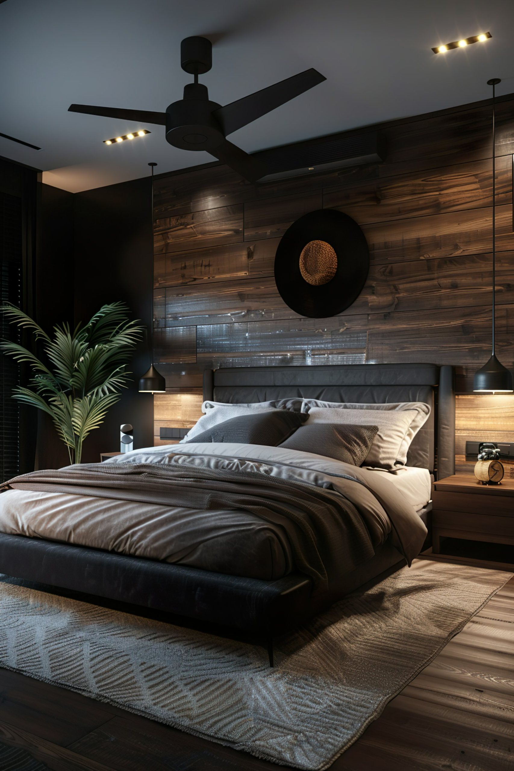 A cozy, modern bedroom with wooden walls, a large bed with gray bedding, ambient lighting, and a ceiling fan.