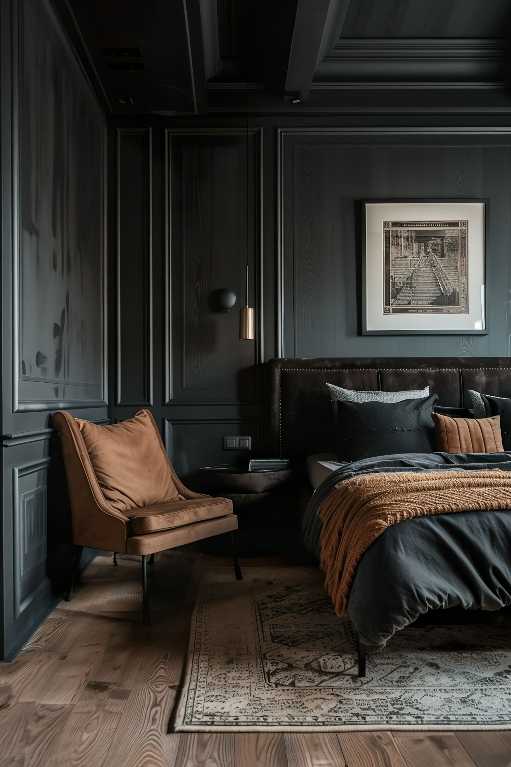 Elegant dark-toned bedroom with a leather armchair, luxurious bed with textured linens, a framed picture on the wall, and ambient lighting.