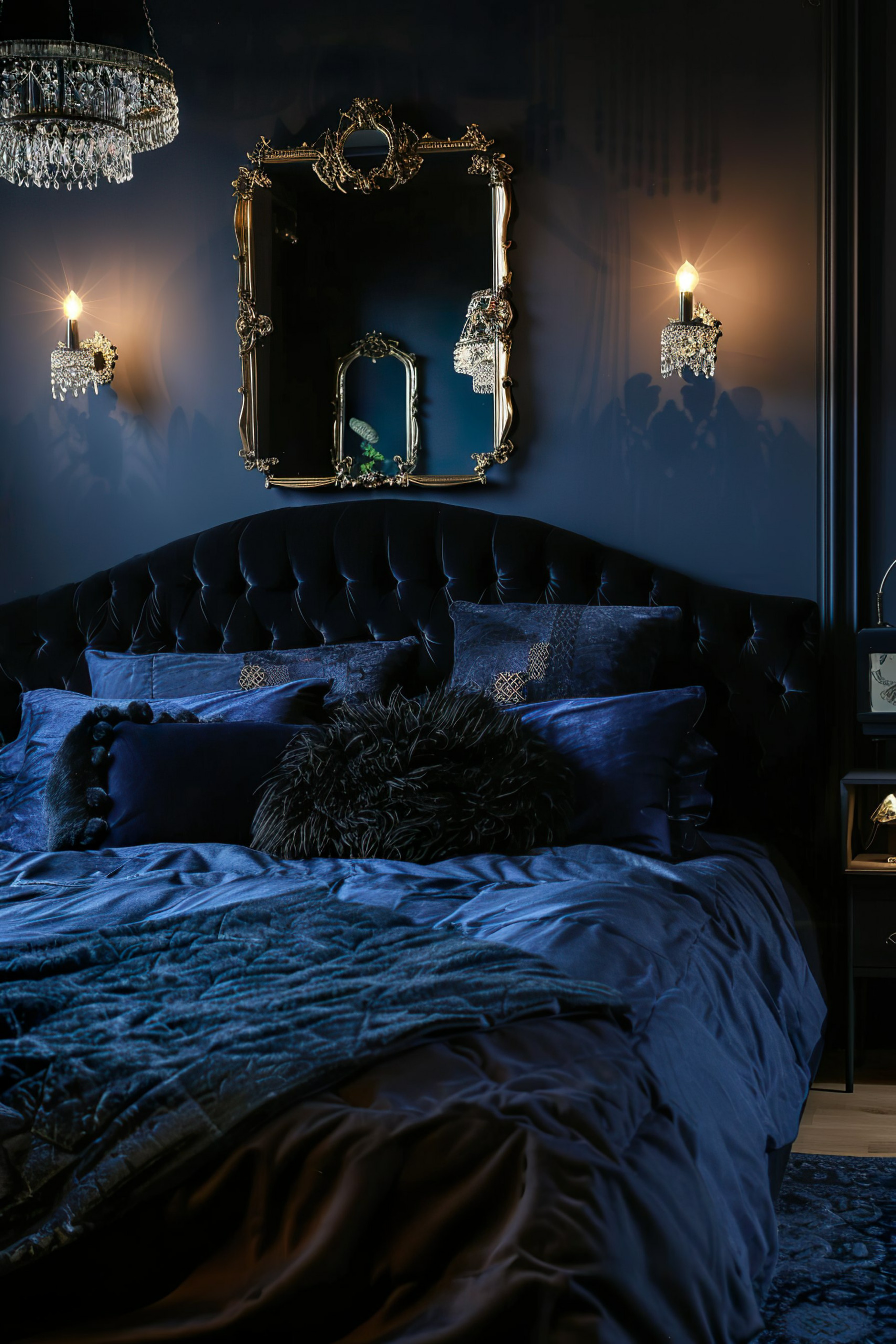 Elegant dark-themed bedroom featuring a tufted black headboard, plush blue bedding, ornate mirrors, and crystal wall sconces.