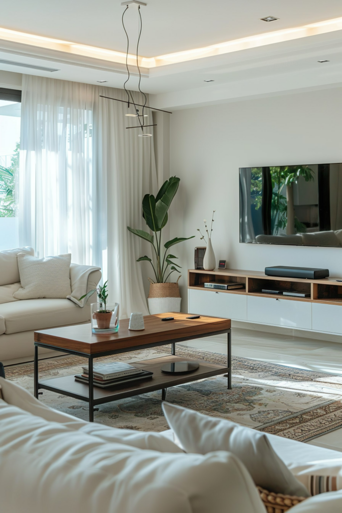 Modern living room with a white sofa, wooden coffee table, potted plants, and a television mounted on the wall.