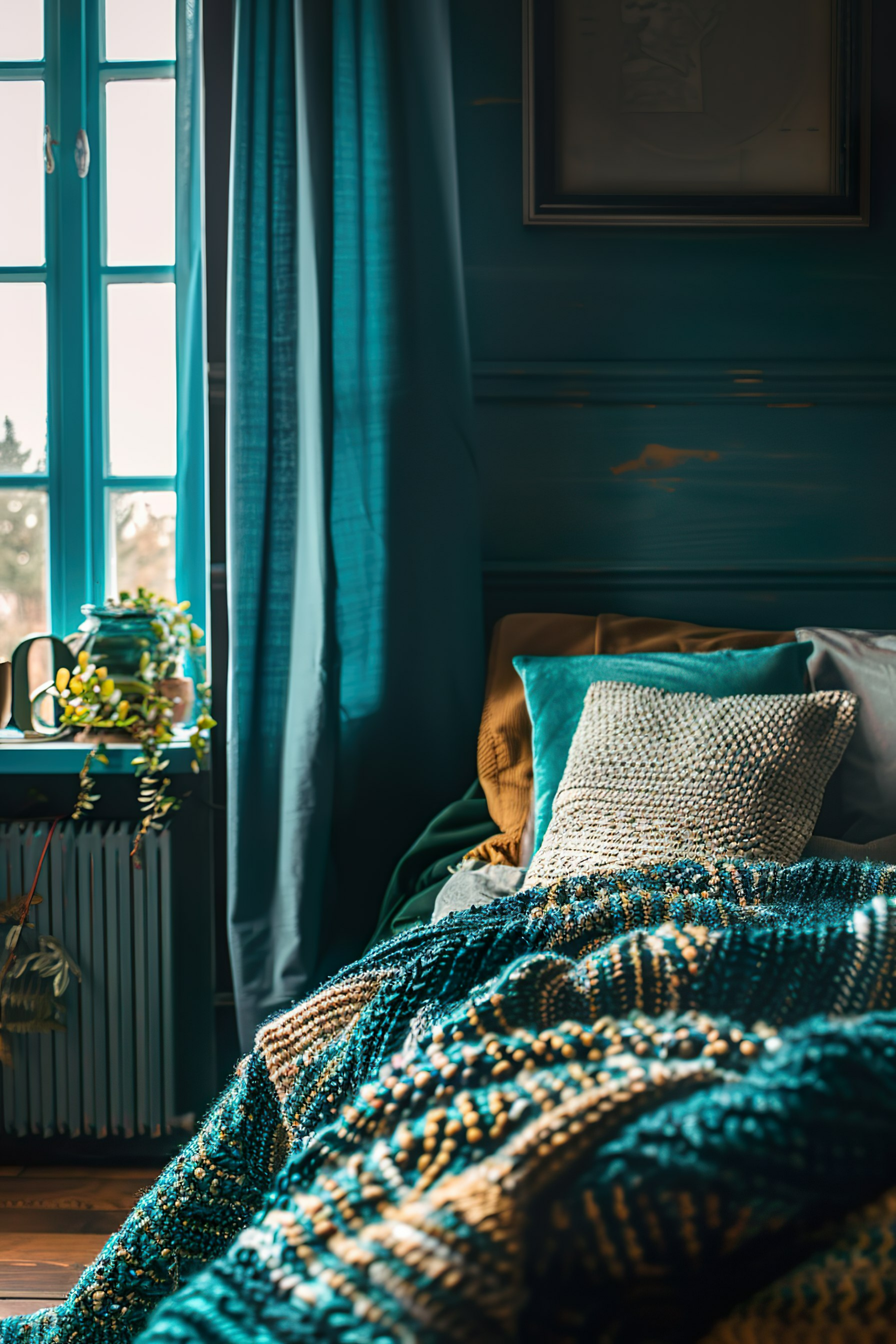 Cozy room corner with a colorful knitted blanket on a bed, a window with blue curtains, and warm sunlight filtering through.