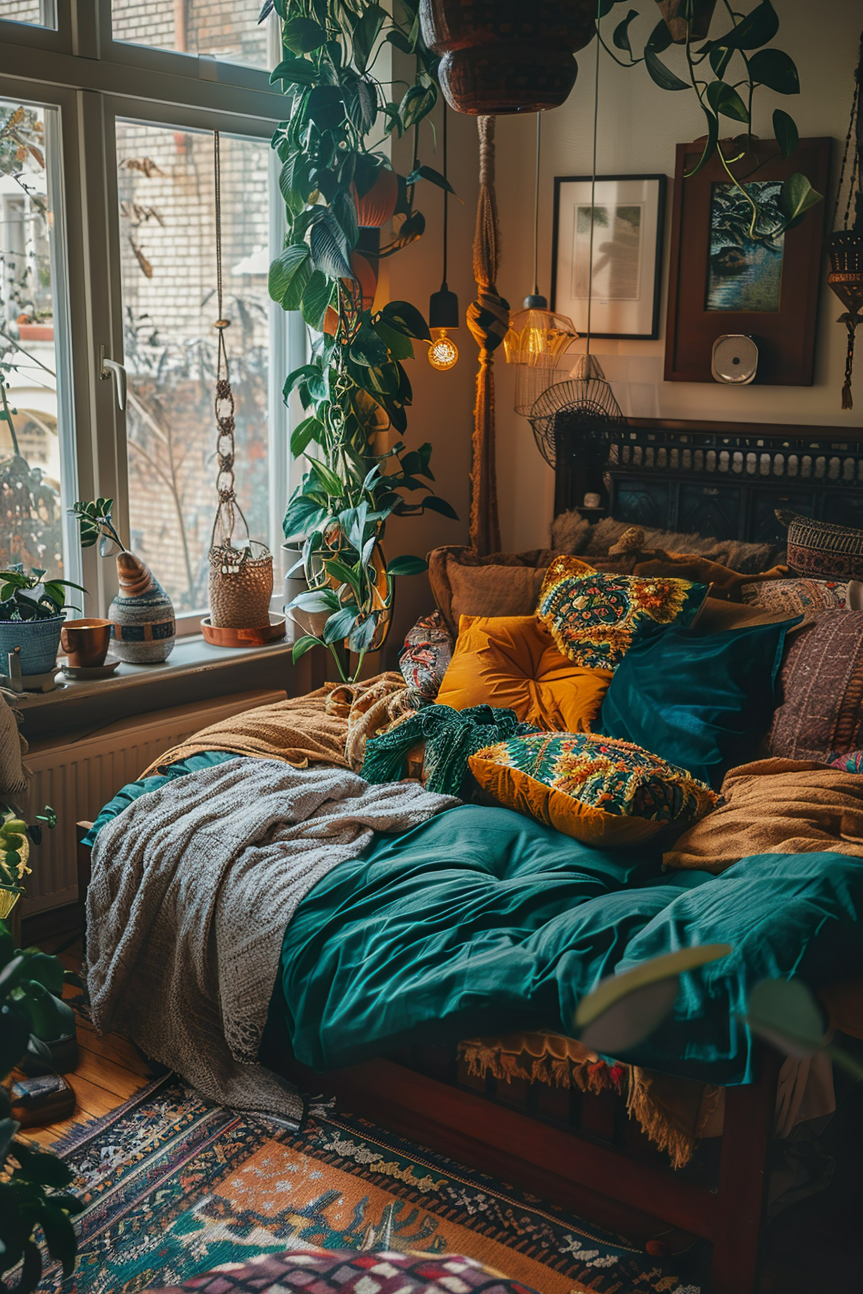 Cozy bohemian style bedroom with plants, colorful pillows, warm blankets, and hanging Edison bulbs.