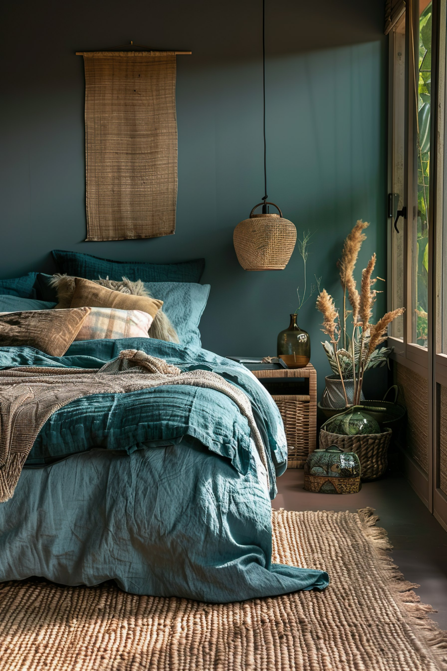 A cozy bedroom with a teal bedspread, wicker lamp, dried plants, and natural decor elements, bathed in warm light.